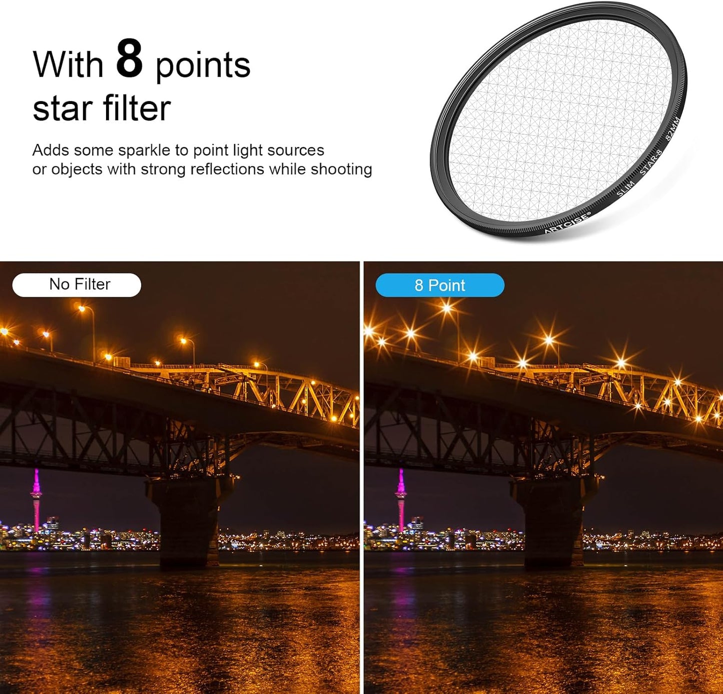 ARTCISE 8 (82mm) Star Filter Point Cross Screen Lens Filter for DSLR Camera Starburst Effect Filter for Night