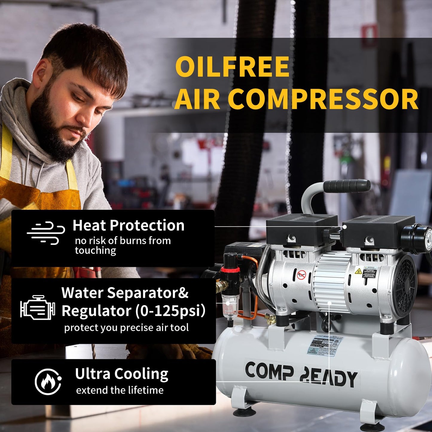 6 Gallon Portable Air Compressor 1HP 2.5 CFM@90PSI 60dB Ultra Quiet Oil Free Air Compressor Ideal for Tire Inflation Pneumatic Tool Spray Painting