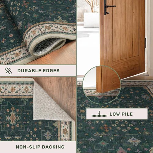 Hazo Haus Dark Green Kitchen Runner Rug - Modern Vintage Boho Floral Pattern | Washable Non-Slip 2x8 ft
