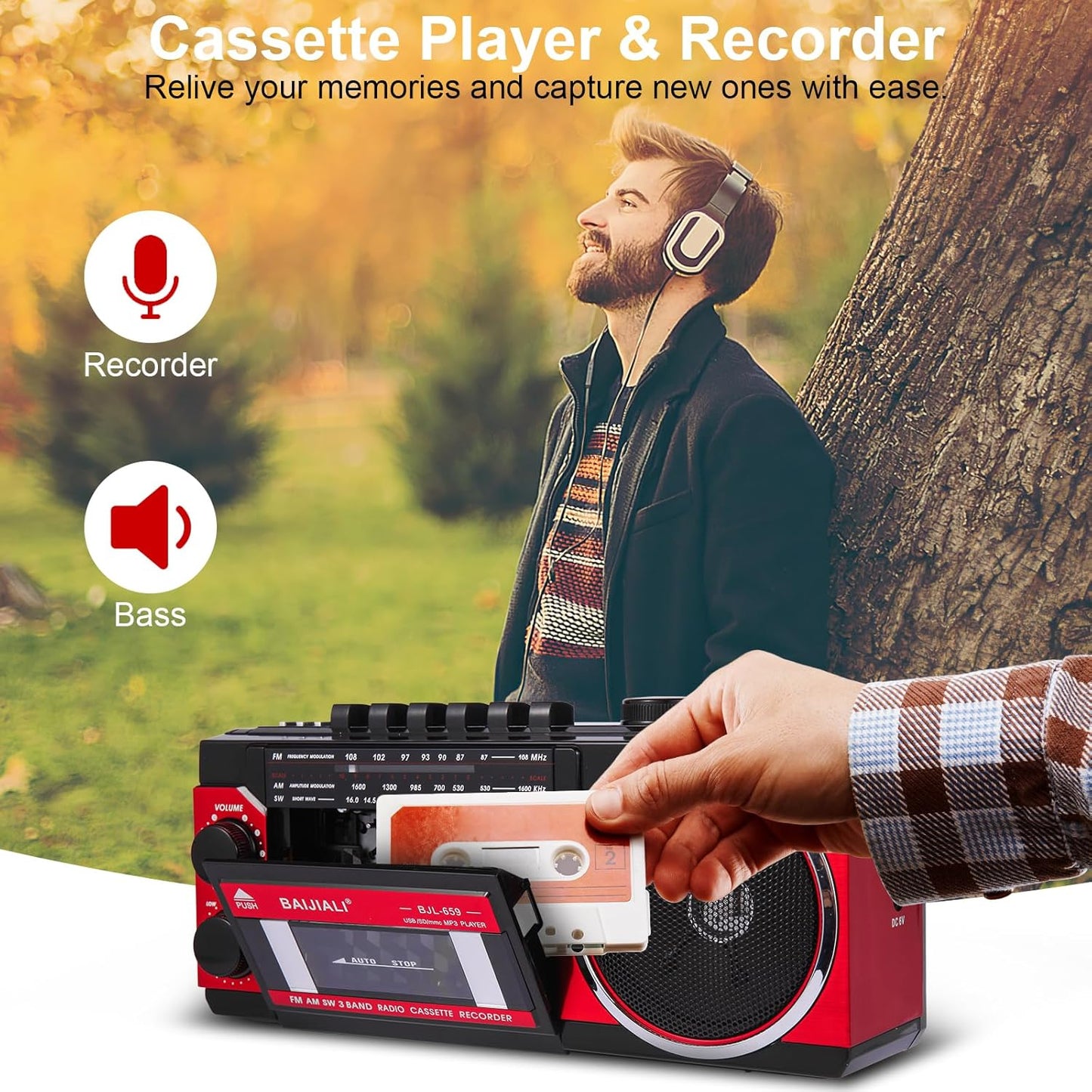 BAIJIALI Cassette Portable Player with AM/FM/SW Radio & BT, Boombox for Home and Travel, Record from Radio, Play via