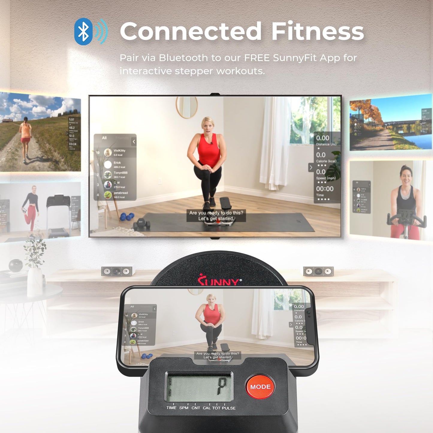 Sunny Health & Fitness 16.9-Inch Mountain Climb Stair Stepper with Handlebar, SunnyFit App Trainer-Led Workouts, Low-Impact Full-Body Cardio, Compact Folding Design - SF-S021001