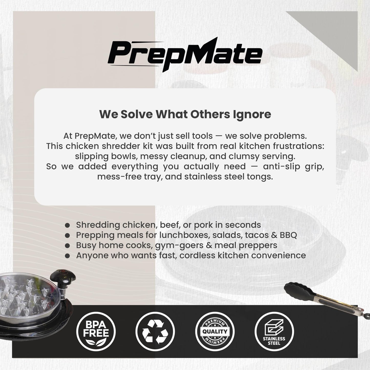 Prepmate Chicken Shredder, Heavy Duty Highly Durable Chicken Shredder Tool Twist, Meat Shredder Machine, BPA Free, Strong Anti-Slip Mat & Tongs, Dishwasher Safe, Suitable for Pork Beef Chicken