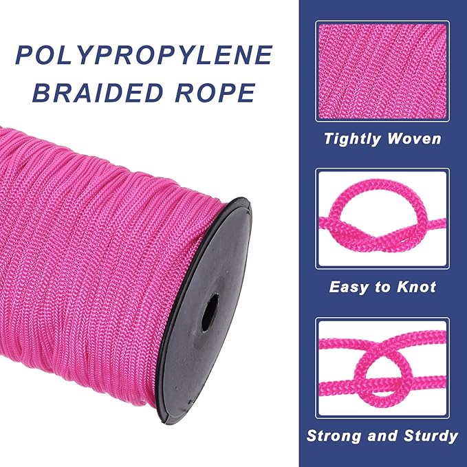 MECCANIXITY 3/16 Inch Polypropylene Rope Braided Ropes, 328ft Nylon Rope Hollow Utility Cord for Clothesline, Camping, Hiking, Outdoor, Dark Pink