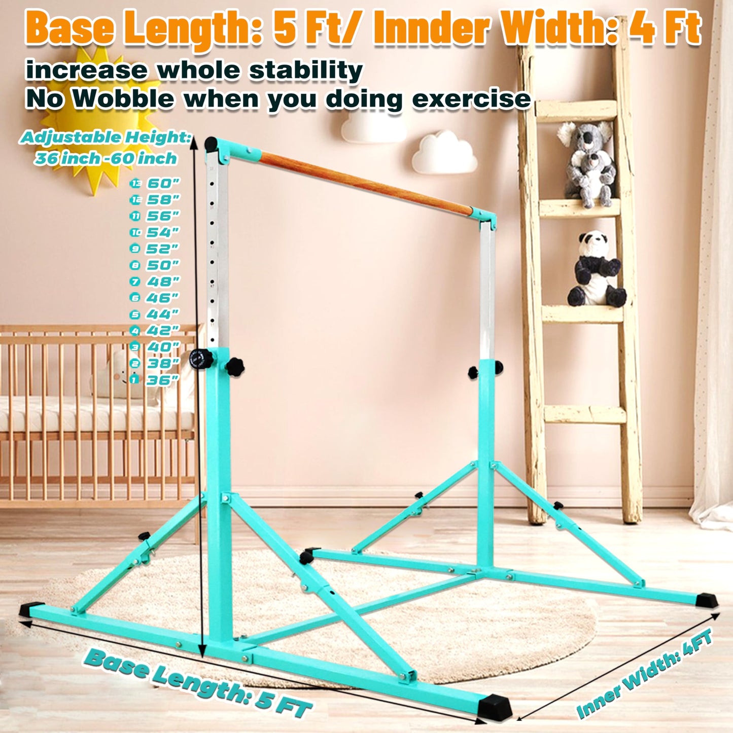 Marfual 5 Ft Fold Gymnastic Bar with Mat Kip Bar with Mat with Professional 4 Ft Width for Kids and Girl and Teenage Home and Club Use