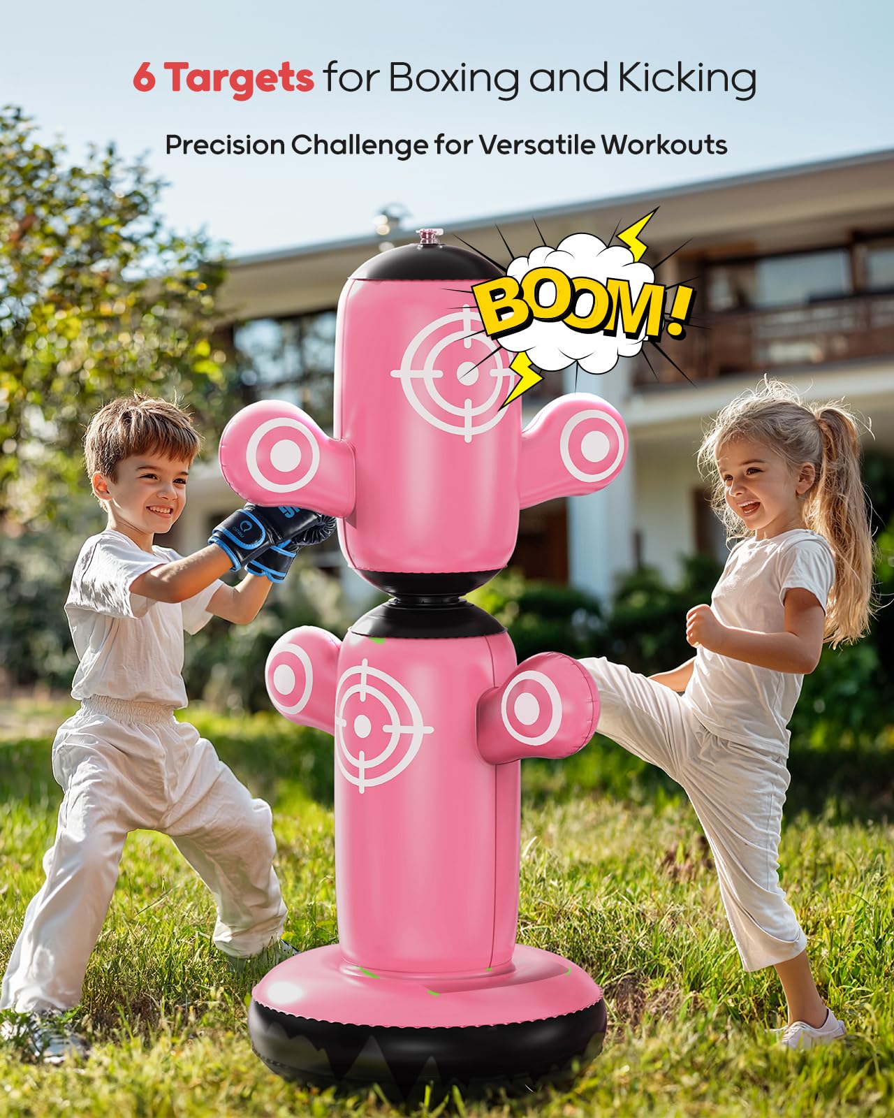 QPAU 360° Rotatable Punching Bag for Kids, Lager 64” Kids Punching Bag with Gloves, Hand Pump & 6 Targets, Bop Bag Inflatable Punching Toy, Karate Gifts for Boys, Girls (Pink)