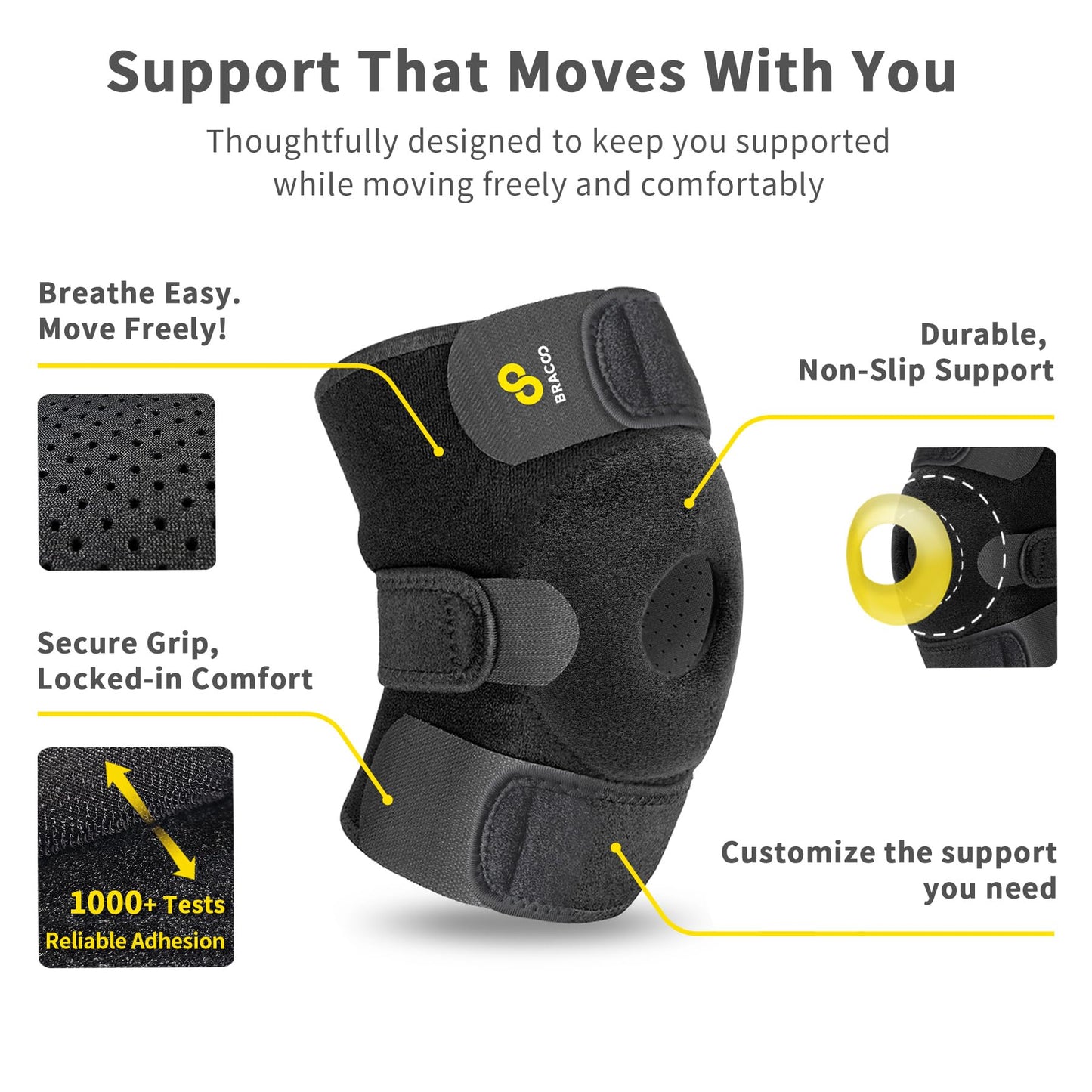 Bracoo Adjustable Compression Knee Patellar Pad Tendon Support Sleeve Brace for Men Women - Arthritis Pain, Injury Recovery, Running, Workout, KS10 (Black)
