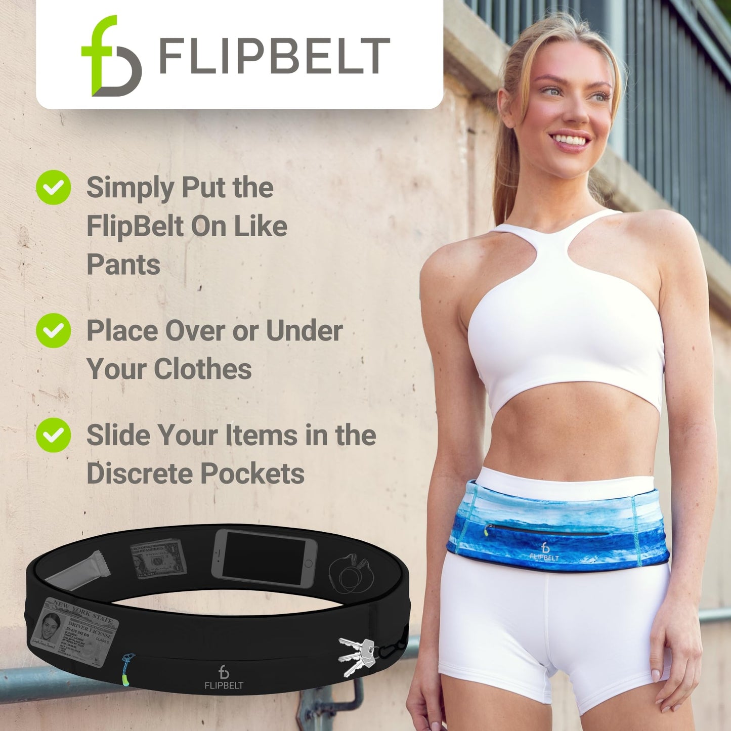 FlipBelt Zipper Running Belt, Waist Pack for Fitness and Running Fanny Pack for Women Men Phone Keys Money US Company - [Black] - [Medium]