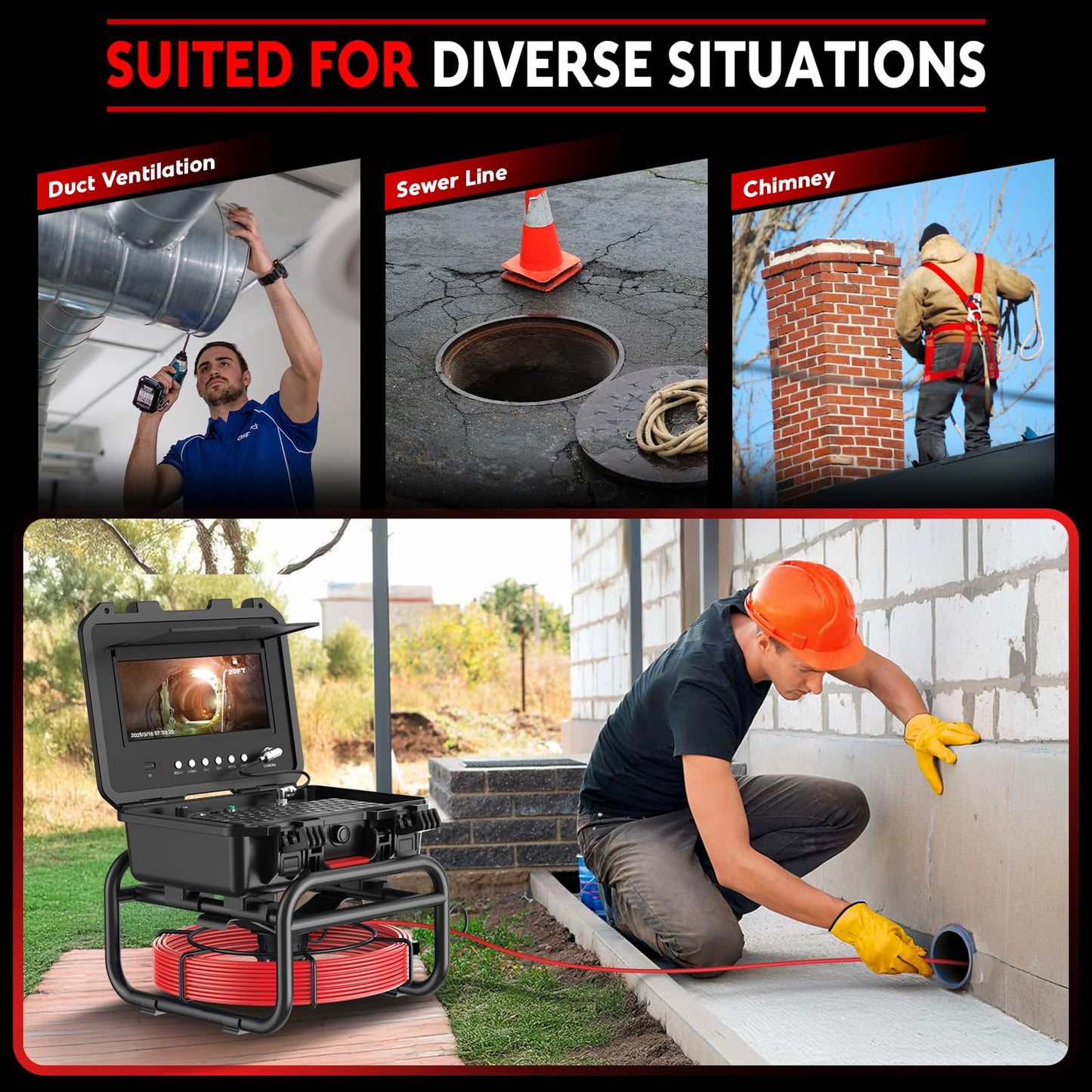 Sewer Camera with Locator 165ft, 7mm Cable Self Leveling Drain Cameras with Distance Counter, Plumbing Camera Snake with Light, 10.1'' HD Pipe Line Borescope Inspection Cam w/DVR (Keyboard Input)