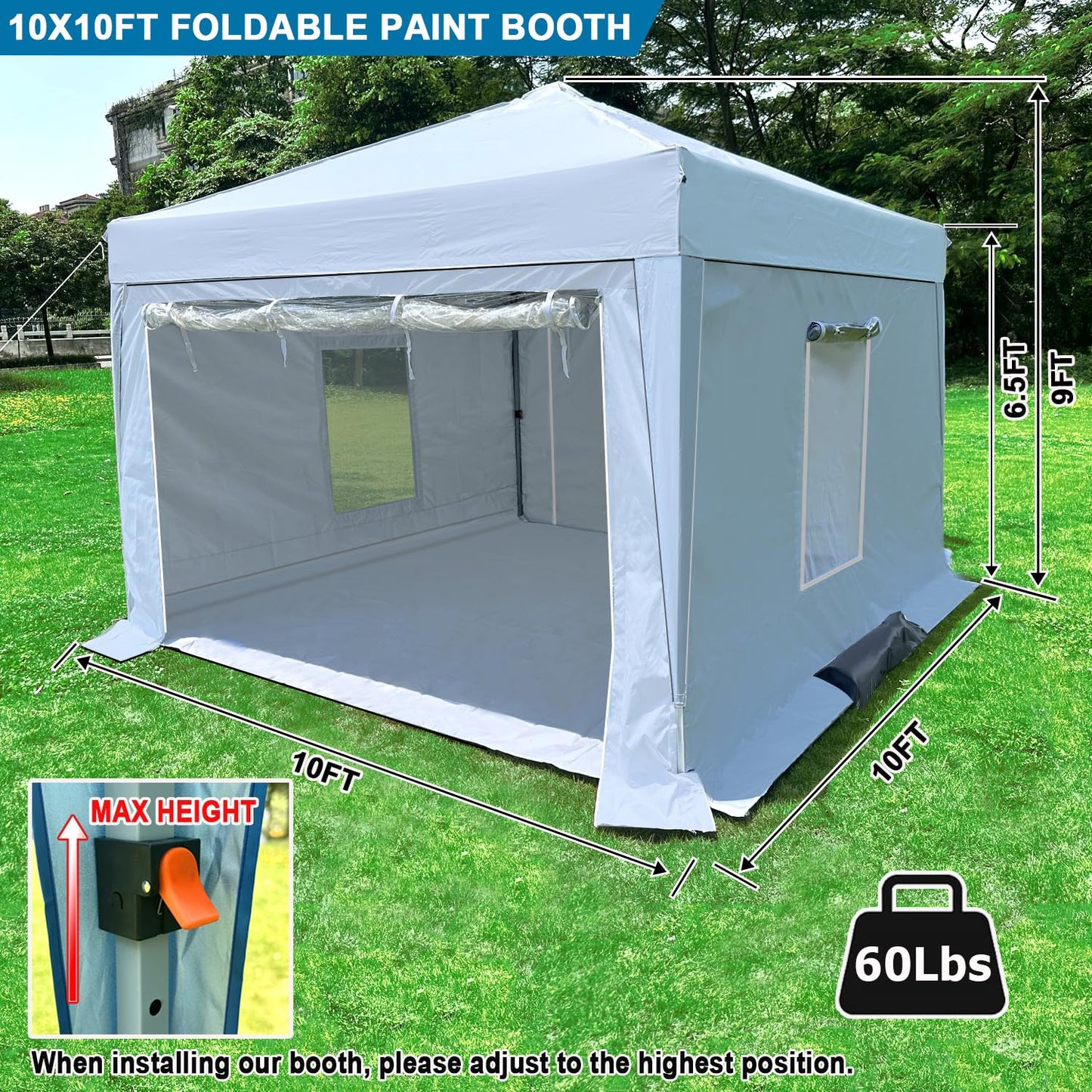 10X10X9FT Waterproof Portable Paint Booth with 2pcs Air Filters & Foldable Frames, Rainproof Spray Booth for Auto Parts, Furniture and Other Items Painting (White)