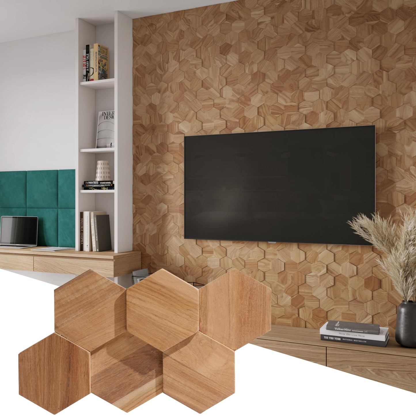 Wall!Supply 3D Wall Panels – Reclaimed Hexagon Asian Teak Wood in Natural – Home Decor Wallpaper Alternative for Living Room, Bedroom & Office – Easy DIY Installation – 25 Pack, Covers 10.5 Sq Ft