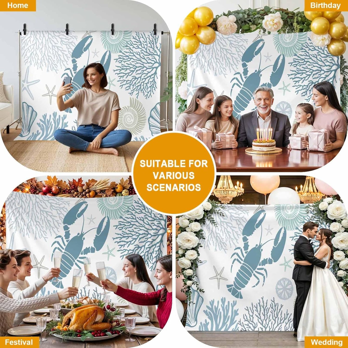 Znujuabbrel 12x8ft Photography Backdrop,Ocean Teal Blue Lobster Coral Starfish Professional Photo Backdrops