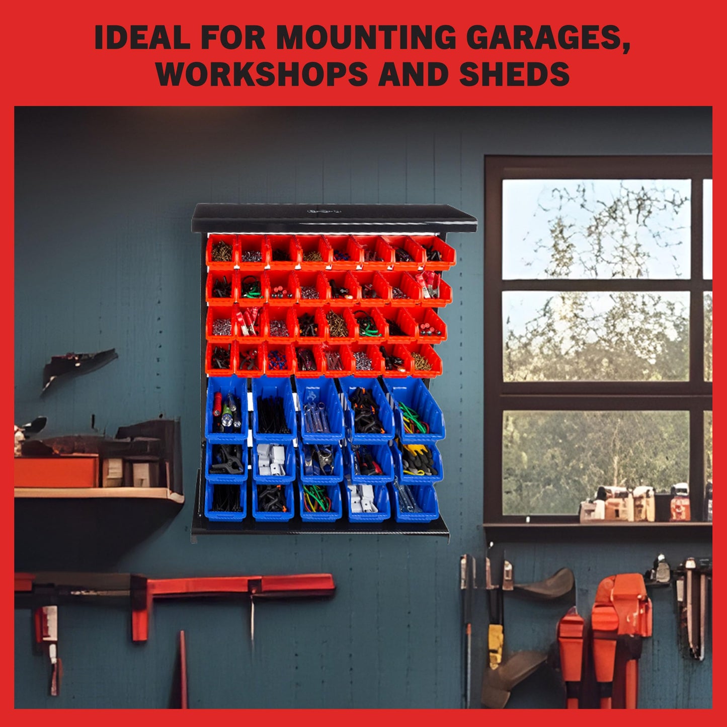 47-Bin Garage Organization Rack (15 Large, 32 Small) - Tabletop or Wall Mount Steel Rack with Removable Stackable Garage Storage Bins, Small Parts Organizer for Hardware or Office Supplies by Stalwart