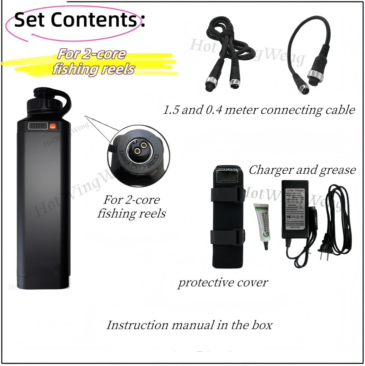 HotWingWeng 14.8V10000mAh Daiwa Electric Fishing Reel Lithium Battery Casing Kit with Power Cable for Saltwater Deep Sea Fishing
