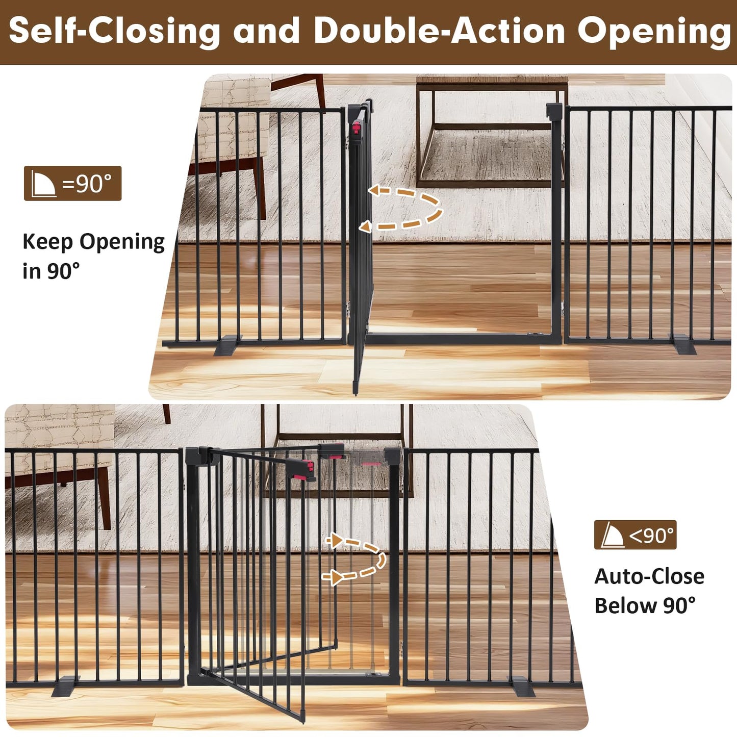 Furggis 156" Extra Wide Dog Gate, Heavy Duty Metal Freestanding Dog Gate with Door for Indoor & Outdoor, Foldable Pet Fence for Doorways,House,Porch,Deck,Yard,Stairs, Auto Close(6 Panels,Black)