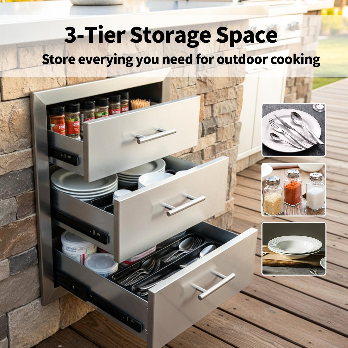 Cxforste Outdoor Kitchen Drawers with Triple-Access & Handles ，18" W x 23" H x 23" D Stainless Steel Flush Mount Modular Cabinet for BBQ Islands & Patios