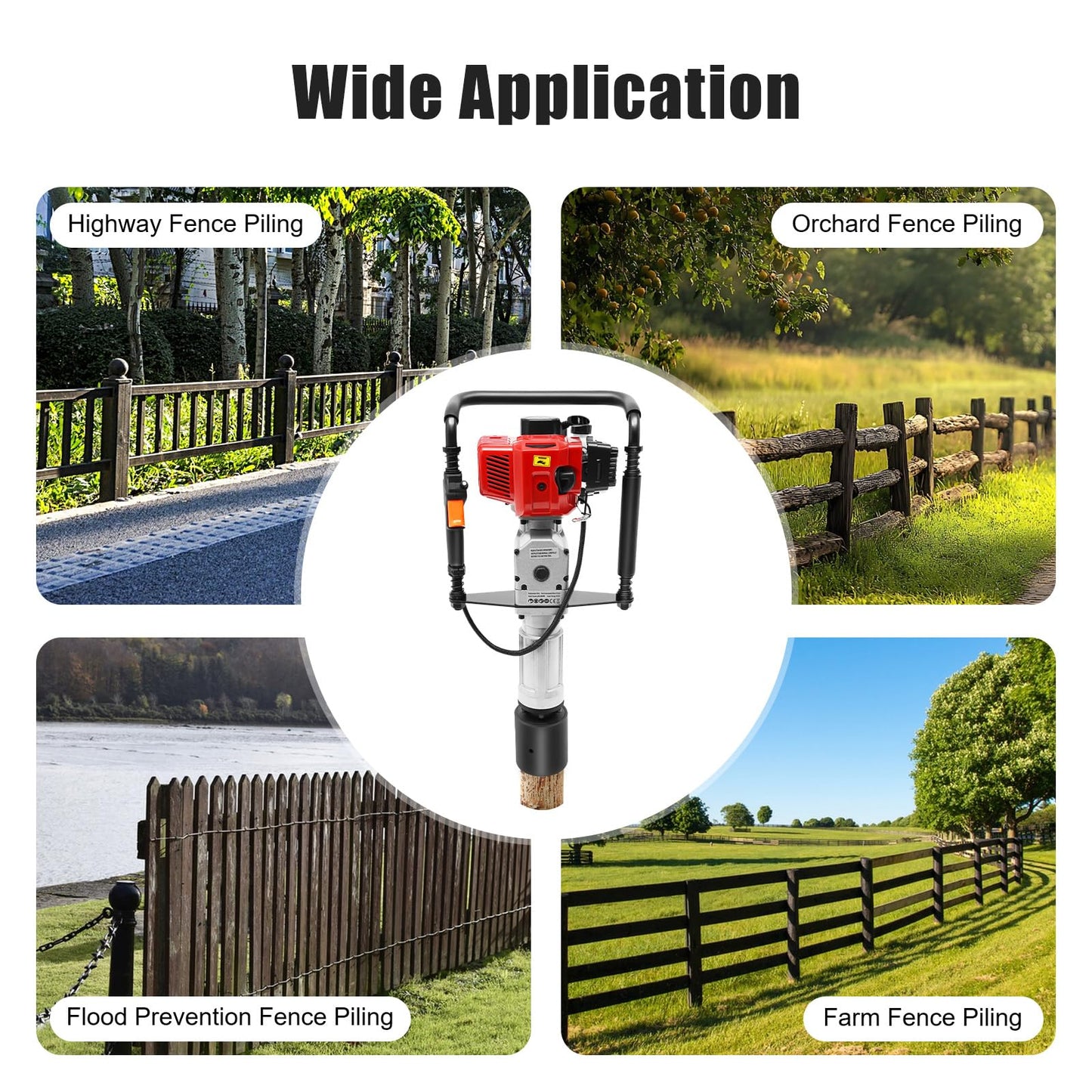 52CC 2 Stroke Gasoline Farm Fence Pile Driver 1900W 2800BPM Gas Powered T Posts Driver with 3 Post Driving Heads Gasoline Piling for Fence Post Construction