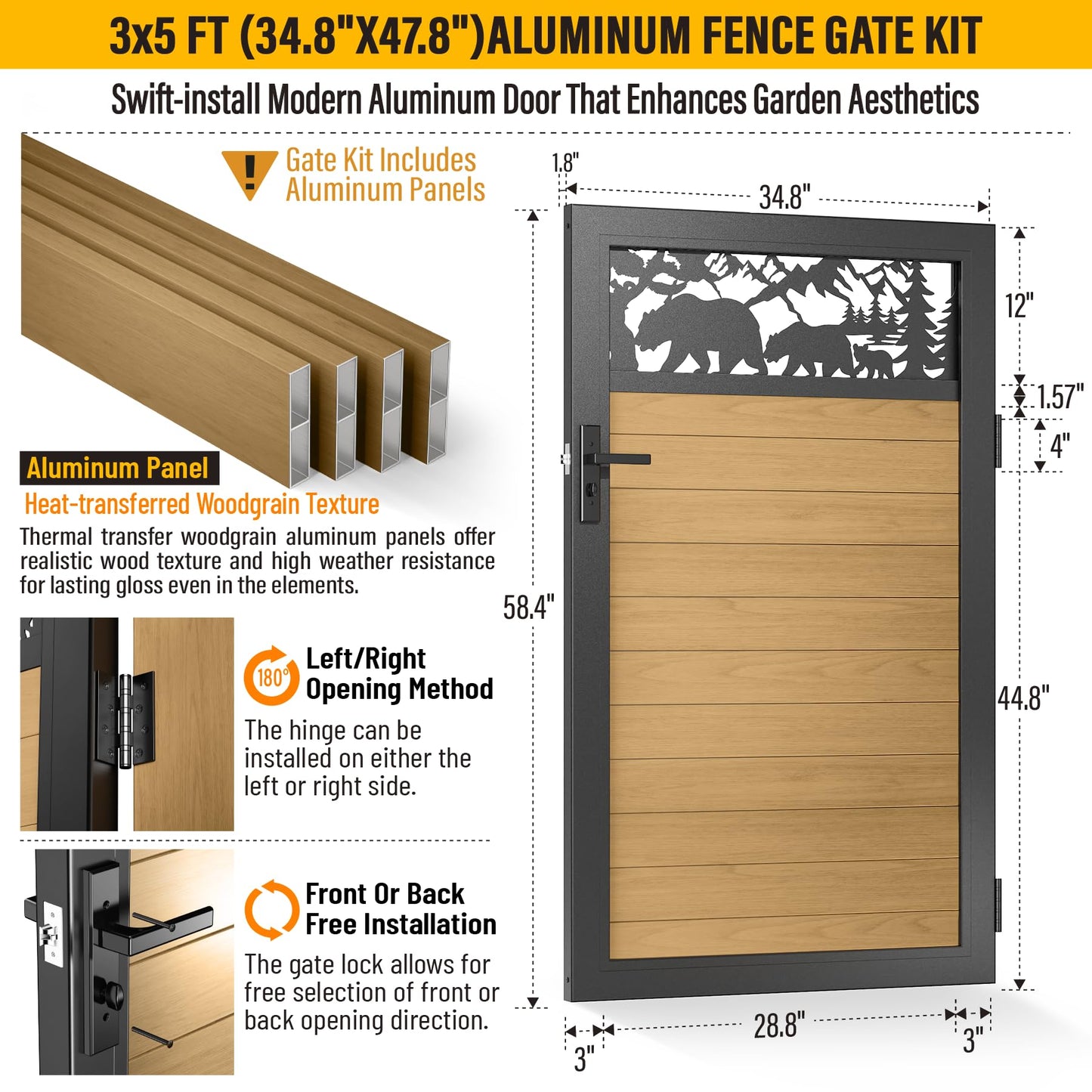 Brukid 3x5 FT Aluminum Fence Gate Kit Wood Grain Aluminum Gate with Decorative Cutout, Lock & Hinges, Left/Right Opening, Weather Resistant for Yard Garden Patio