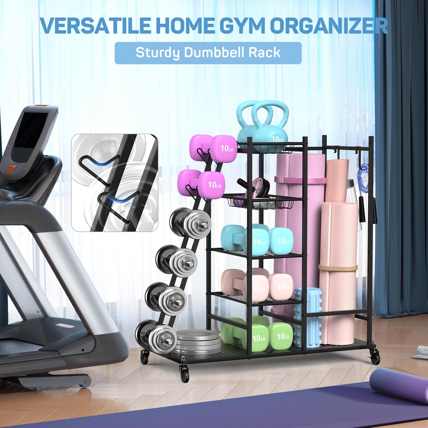 PLKOW Weight Rack for Dumbbells, Home Gym Storage for Dumbbells Yoga Mat Kettlebells and Gym Equipment, Golf Bag Organizer Dumbbell Rack for Garage, Home Gym