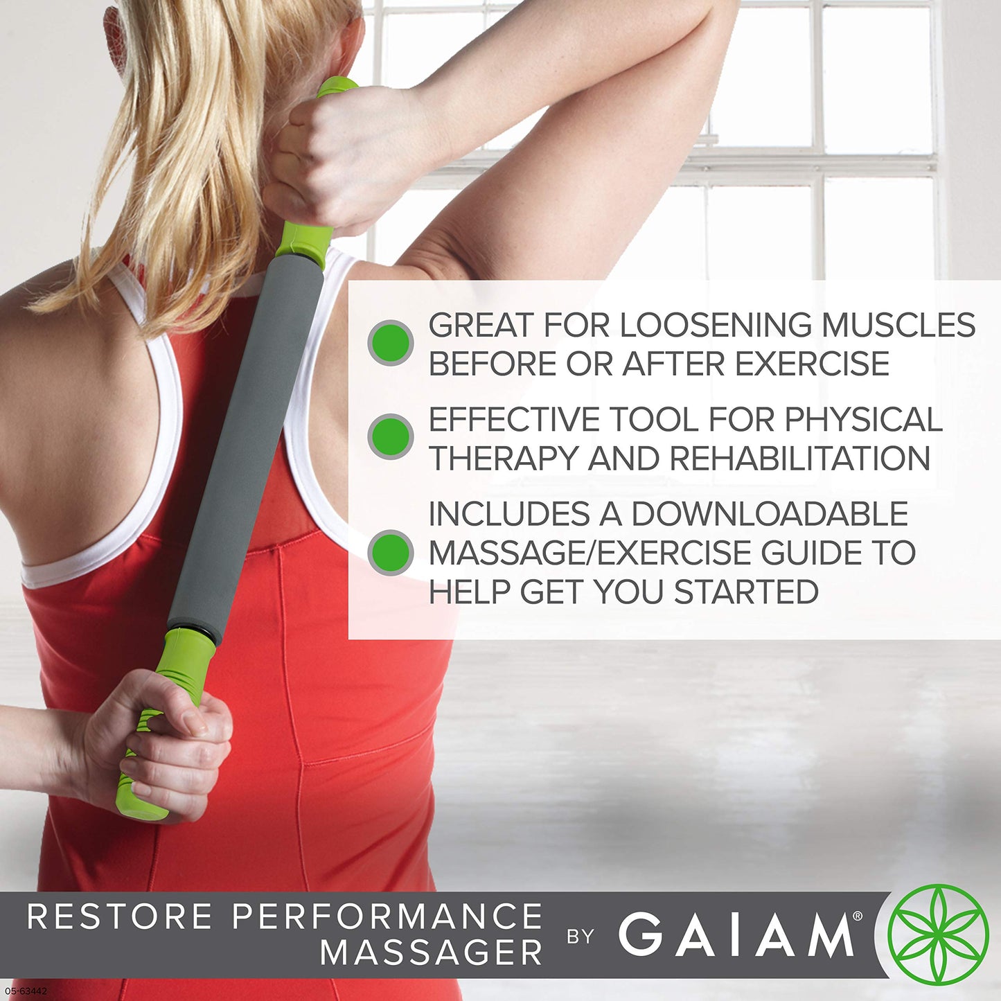 Gaiam Restore Massage Stick Roller - (Dimensions: 19"L) Foam Cushioned Performance Hand Held Muscle Massager | Comfort Grip Handles | Solid Steel Construction