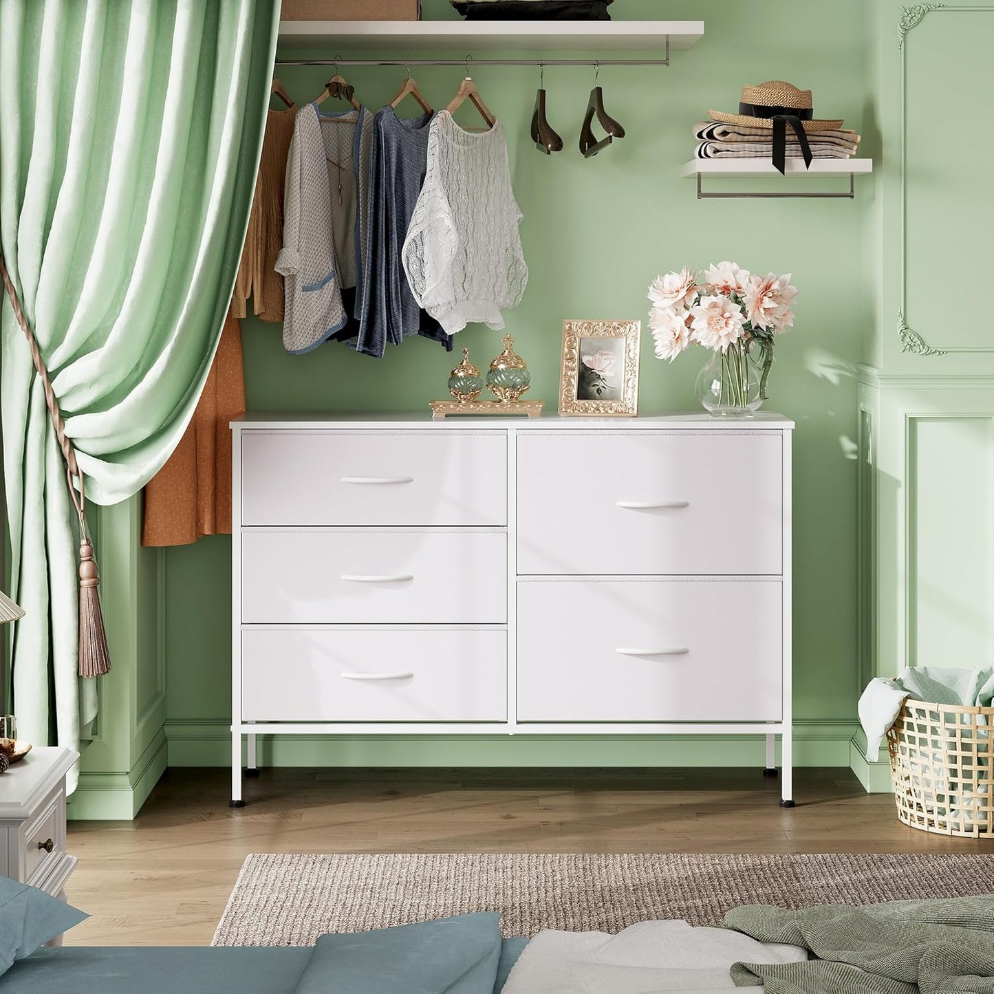 WLIVE White Dresser - 5 Drawer Fabric Chest for Bedroom, Living Room, Closet & Hallway
