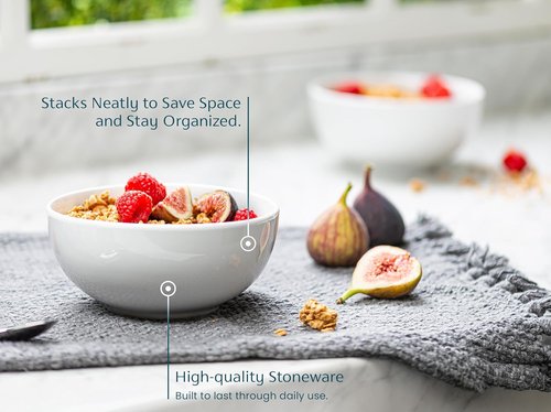 KooK Ceramic Cereal Bowls - Microwave & Dishwasher Safe Porcelain Dishes | Set of 6, 24 oz, Marshmallow White