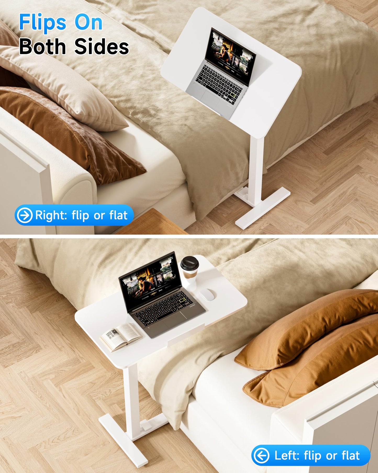 BIZUM Mobile Standing Desk Laptop Desk Pneumatic with Wheels 180° Tilt Top Hospital Bed Table Portable Rolling Cart Foldable Bedside Table for Hospital&Home Use, White