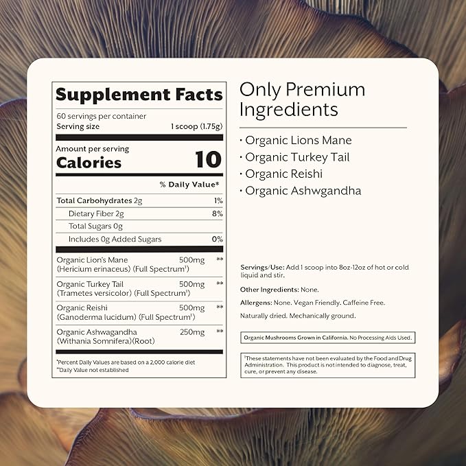 Promix Adaptogens Mushroom Coffee Supplement Powder - with Organic Ashwagandha, Lion?™s Mane, Turkey Tail & Reishi - 60 Servings