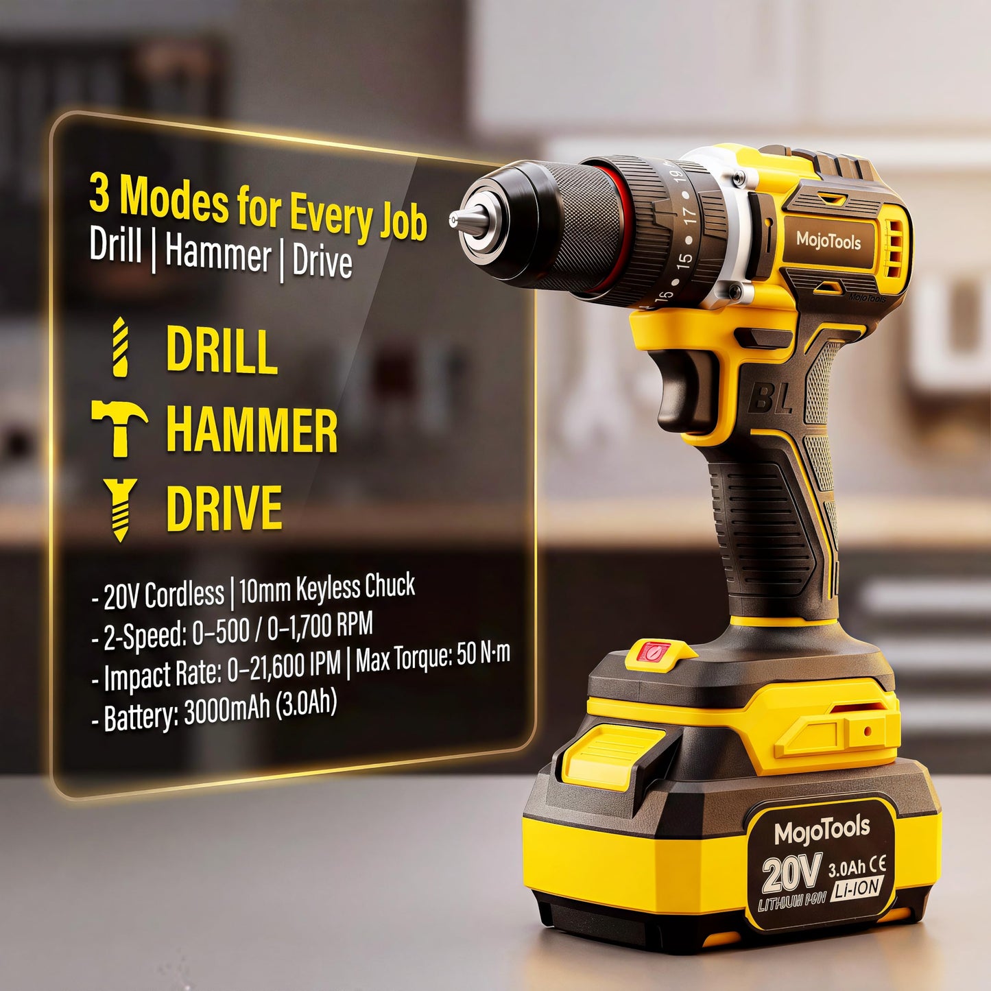 MoJoTools Brushless Cordless Power Tool Combo Kit for Heavy DIY & Semi-Professional Use – 50Nm Drill Driver, 380Nm Impact Wrench, 5" Angle Grinder LCD, 2×3000mAh Batteries, Carry Case &&Accessories