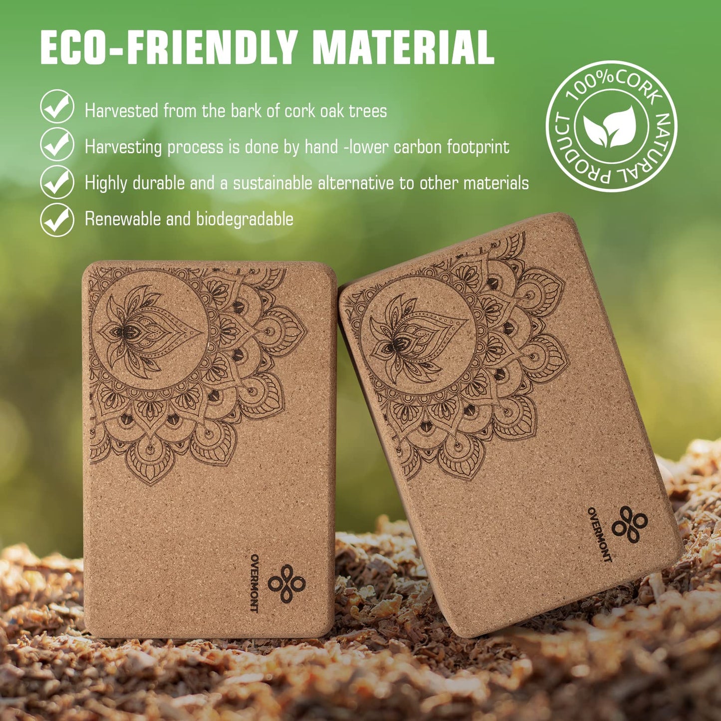 Overmont Cork Yoga Blocks 2 pack with 8ft Strap Natural Cork Bricks- High Density & Eco Friendly Yoga Accessories for Women - Ideal for Yoga Pilates General Fitness and Stretching 9x6x3''