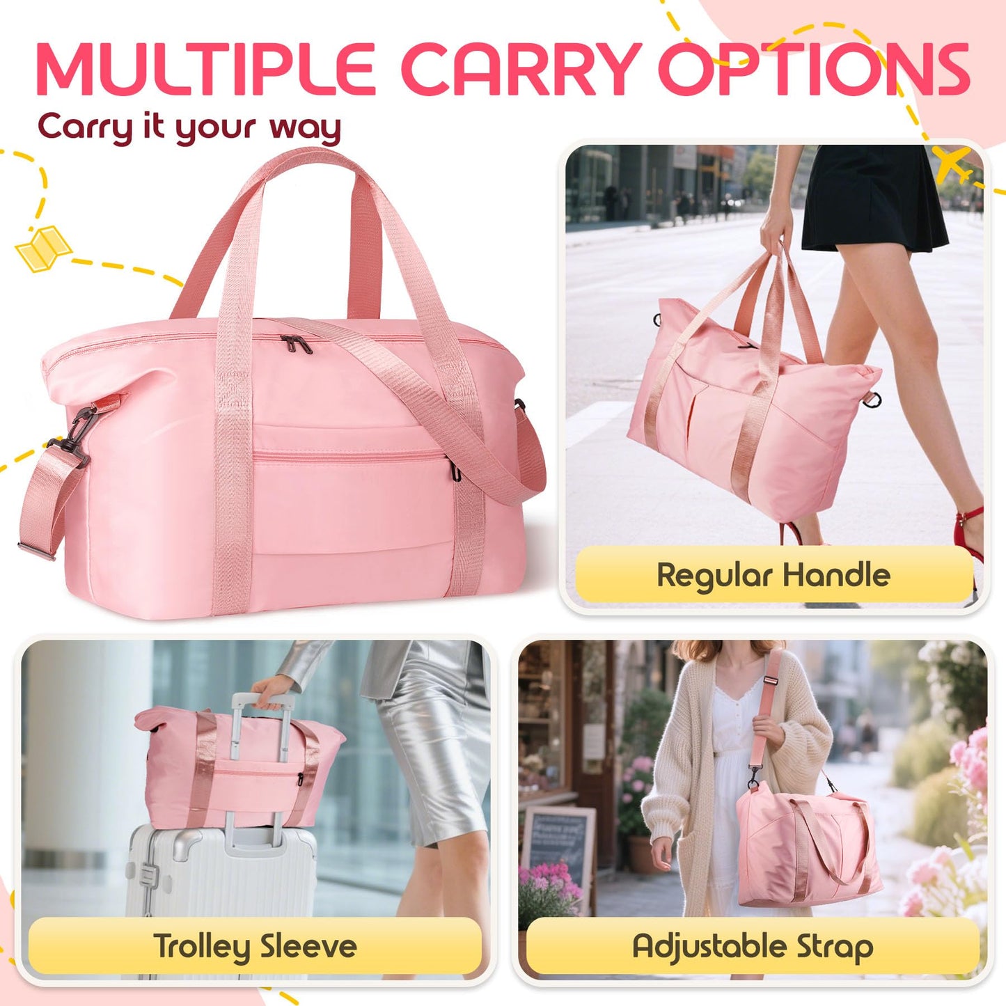 Magimack Duffle Bag for Travel, Carry-on Travel Bag with Trolley Sleeve, Sport Gym Bag for Women, Overnight Bag for Men, Hospital Bag for Labor and Delivery (Pink)