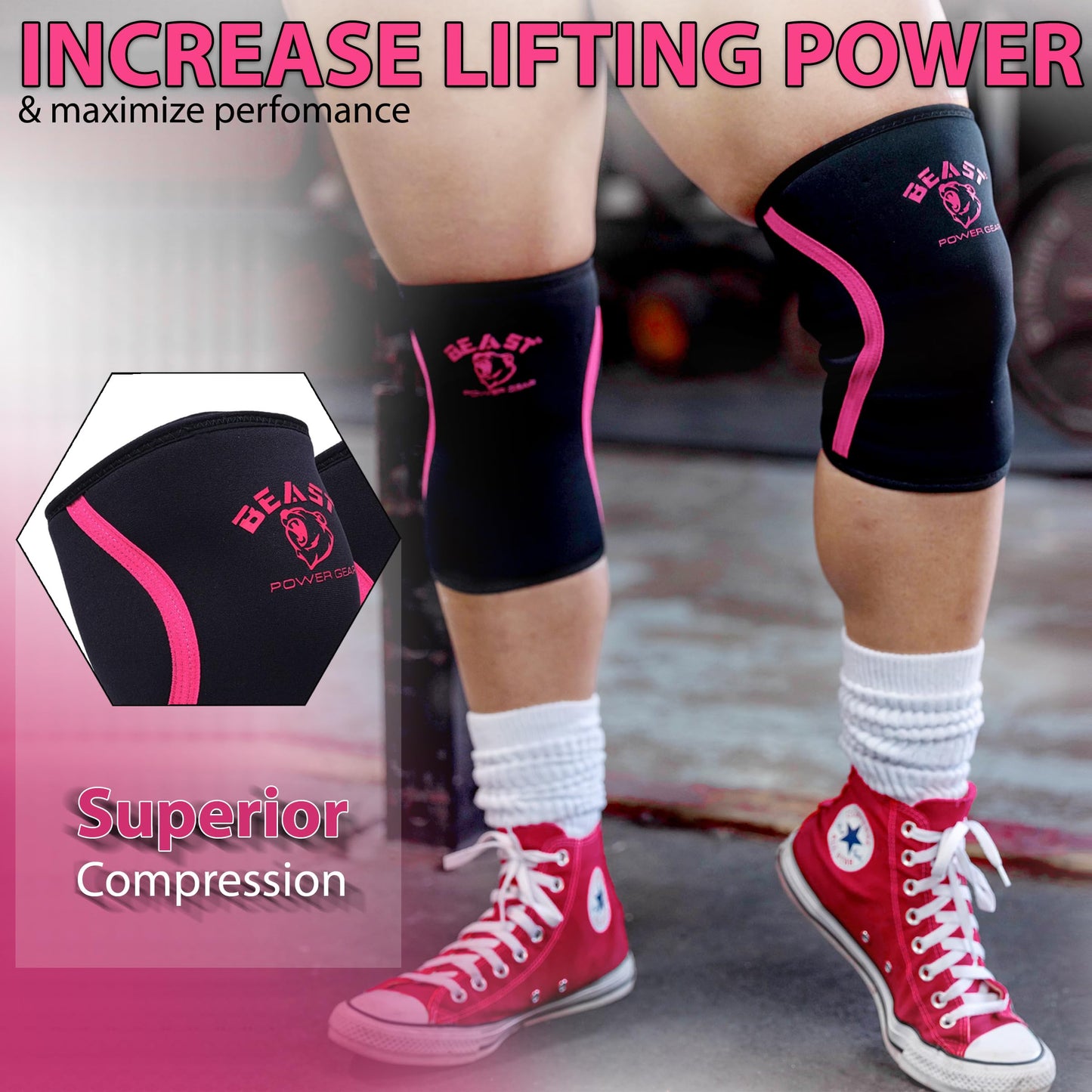 Beast Power Gear Neoprene Compression Knee Sleeves 7MM Support for Squats, Gym CrossFit Training, Powerlifting, Weightlifting, Wrestling for Men & Women (Black/Pink, Small)