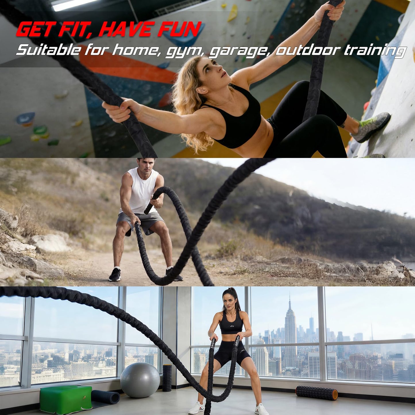 Battle Rope For Home Gym Workout - 1.26 Inch 30ft Heavy Weighted Training Exercise Ropes Fitness Equipment With Sleeve And Anchor Strap Kit For Outdoor Working Out