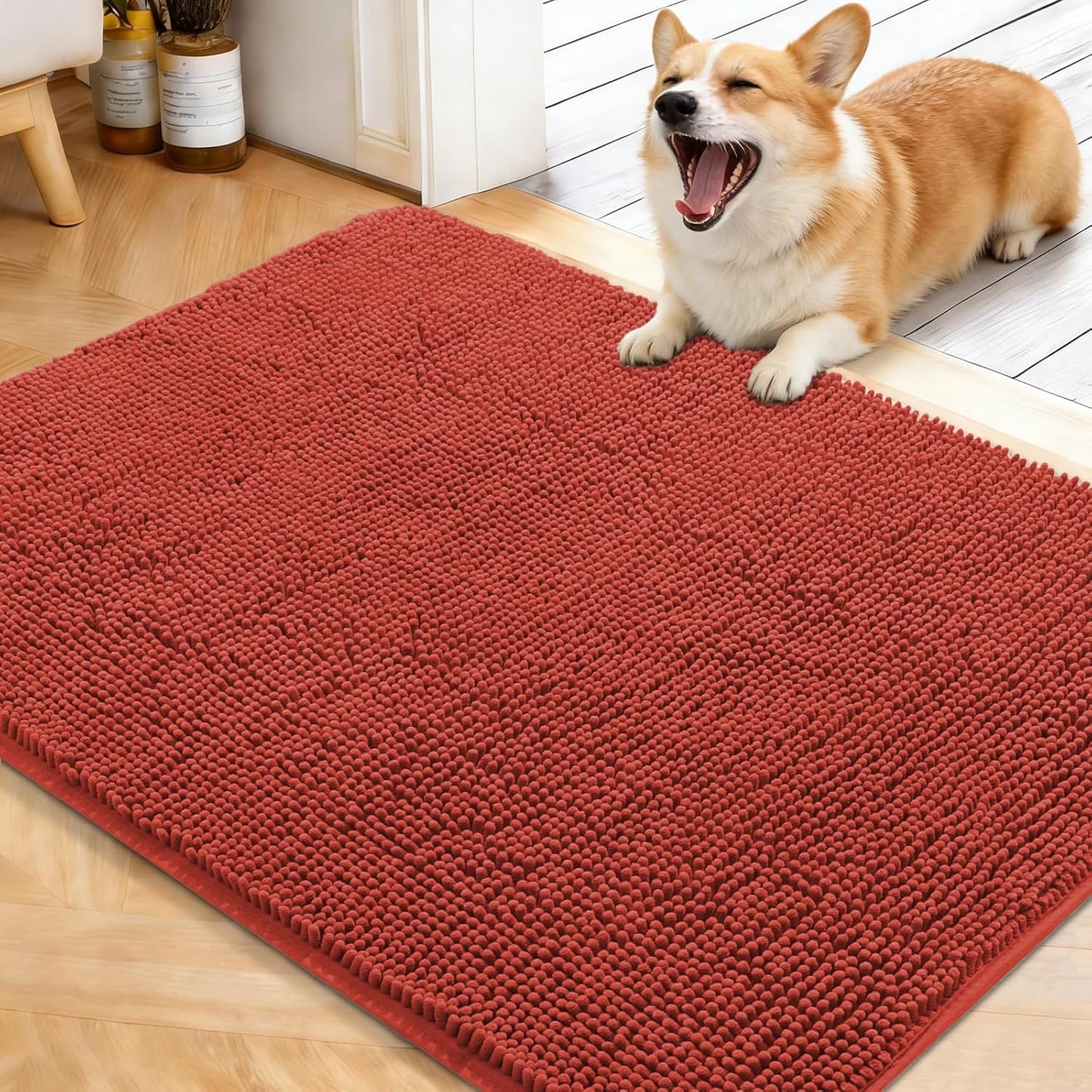 OLANLY Dog Door Mat - Absorbent Non-Slip Chenille Mat for Muddy Paws | 40x32, Quick Dry, Maple Red
