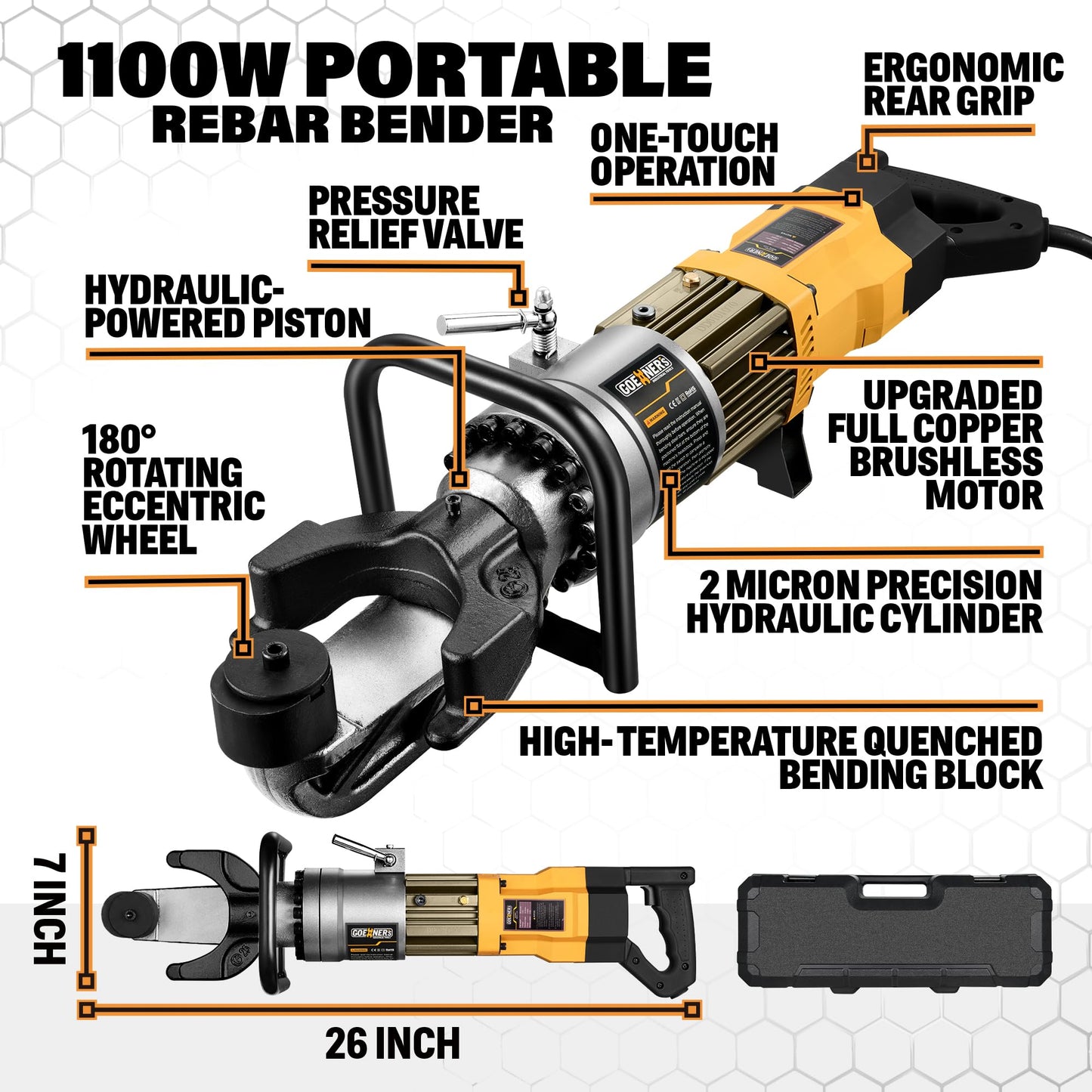 2026 Upgraded Electric Rebar Bender with Advanced Pure Copper Brushless Motor, 1100W Portable Hydraulic Rebar Bender Tool, Bending up to 1 Inch 25mm #8 Rebar, Handheld Rebar Bender Machine, 110V