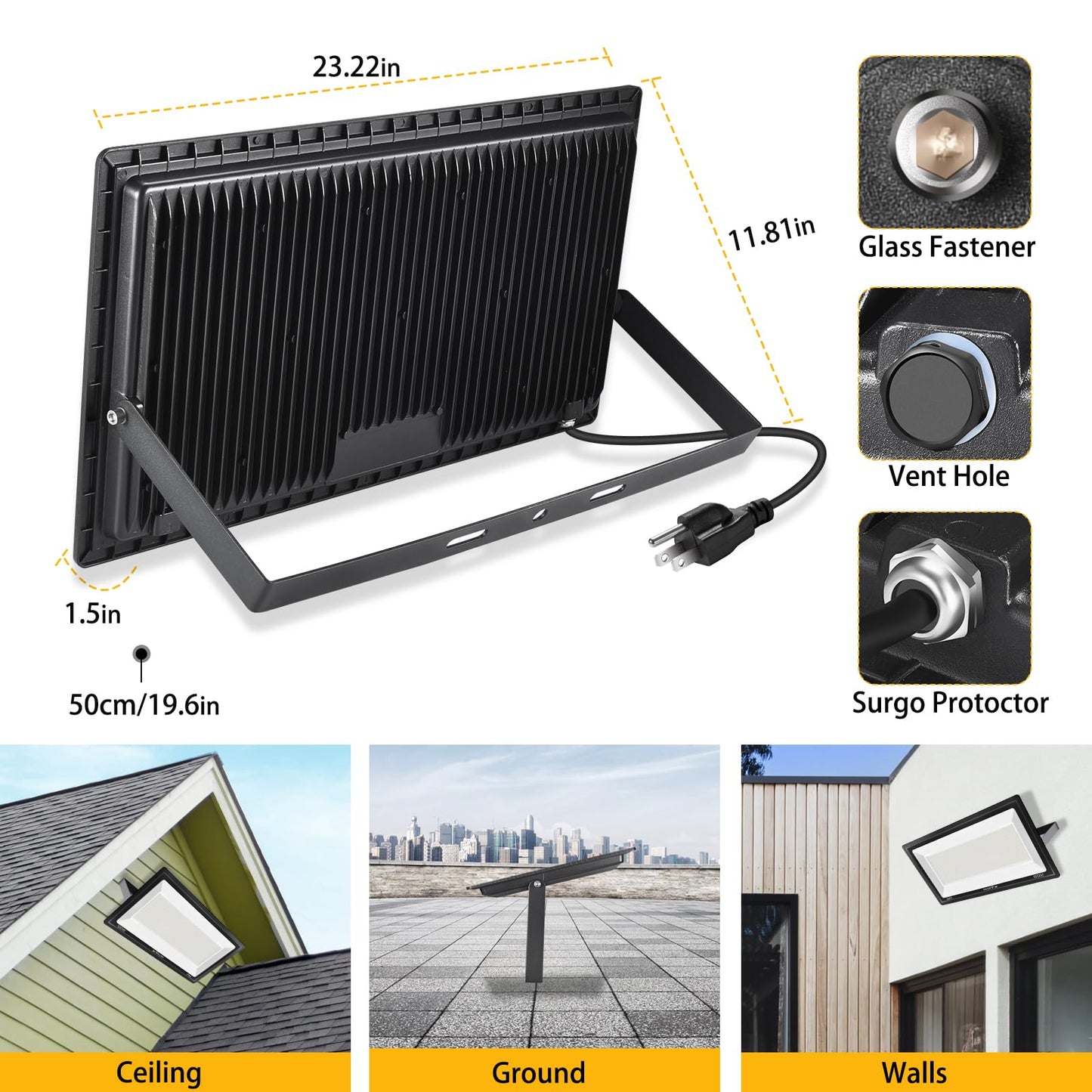 YANYCN 2 Pack 600W LED Flood Light Outdoor,(3060W Equivalent),67600LM 5000K Daylight White Super Bright LED Arena Light with Plug,85-277V IP66 Waterproof Commercial Lighting for Fields,Counts,Stadium