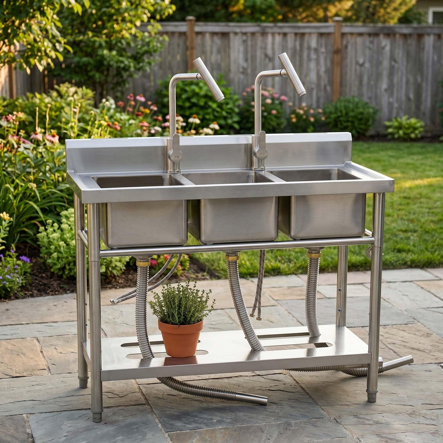 Utility Sink Freestanding Three Bowl Stainless Steel Sink, 39 x 18 x 36 Inch, No Drawer Stand and Two T-Shaped Faucets, Laundry Sink for Kitchen, Bathroom, Garage and Patio