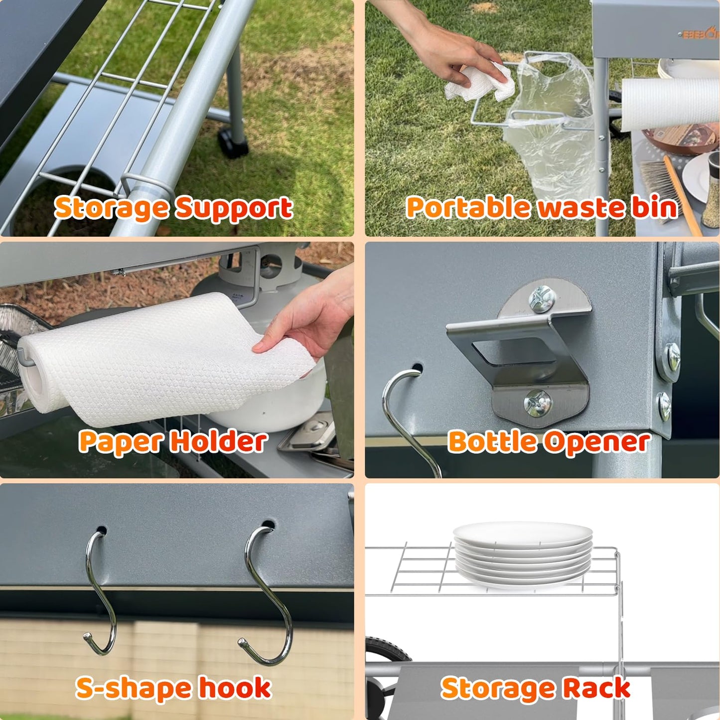 BBQMall Upgraded Pizza Oven Cart Table for Ooni Koda/Karu/Fyra 16 & 12, Movable Thicken & Widen Rolling Kitchen Cart, Outdoor Grill Stand for Ninja Woodfire,Blackstone Griddle,Barbecue Tool Set