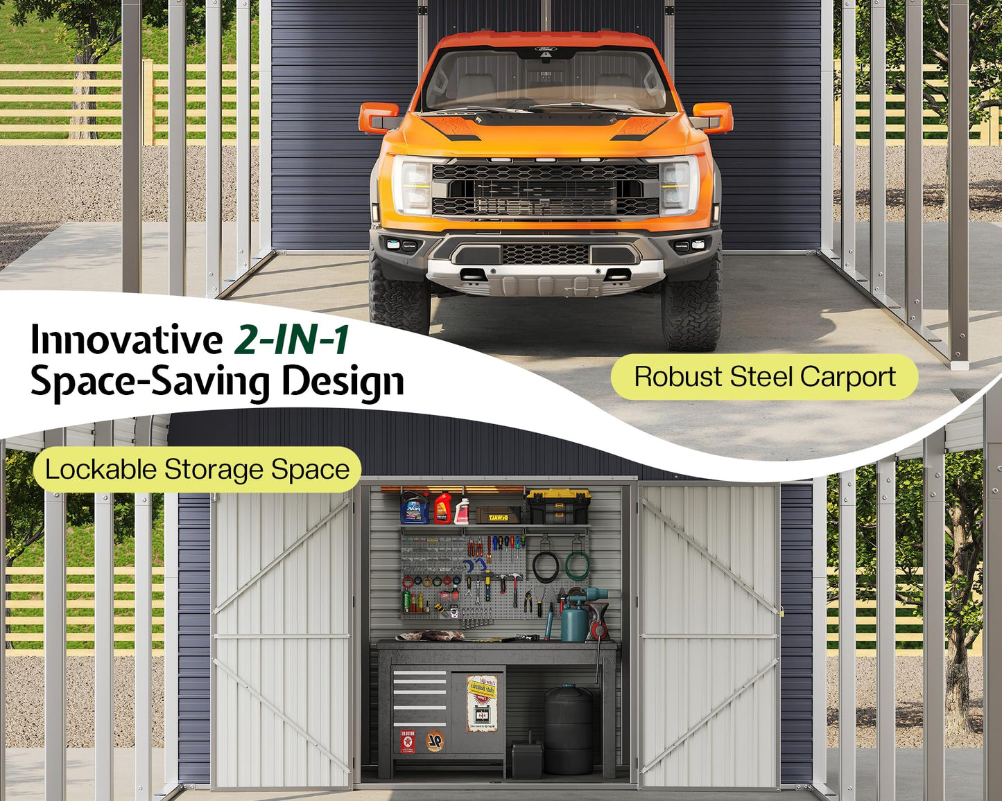 Jocisland 12x24 FT 2-in-1 Carport & Storage Shed, Heavy Duty Carport with Galvanized Steel Roof, 12x4.2 FT Metal Shed with 2 Transparent Panels & Double Doors, Car Canopy for Cars, Boats, Trucks