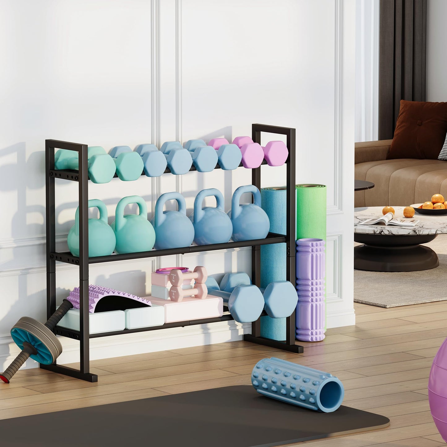 3-Tier Adjustable Dumbbell Storage Rack, Weight Rack Stand, Extended Base Weight Storage for Home Gym – Holds Up to 450 lb, Space-Saving Fitness Equipment Organizer
