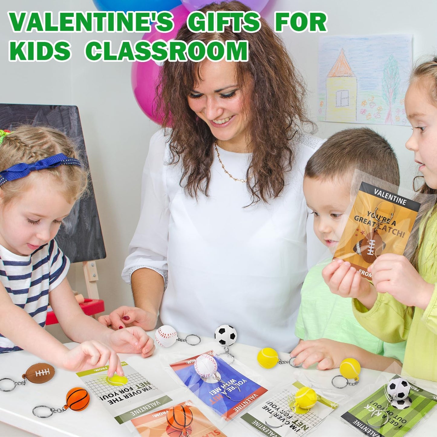 Skiennix Sport Stress Ball | Valentine's Day Gifts for Kids - 28 Pack Mini Foam Balls with Keychains & Exchange Cards