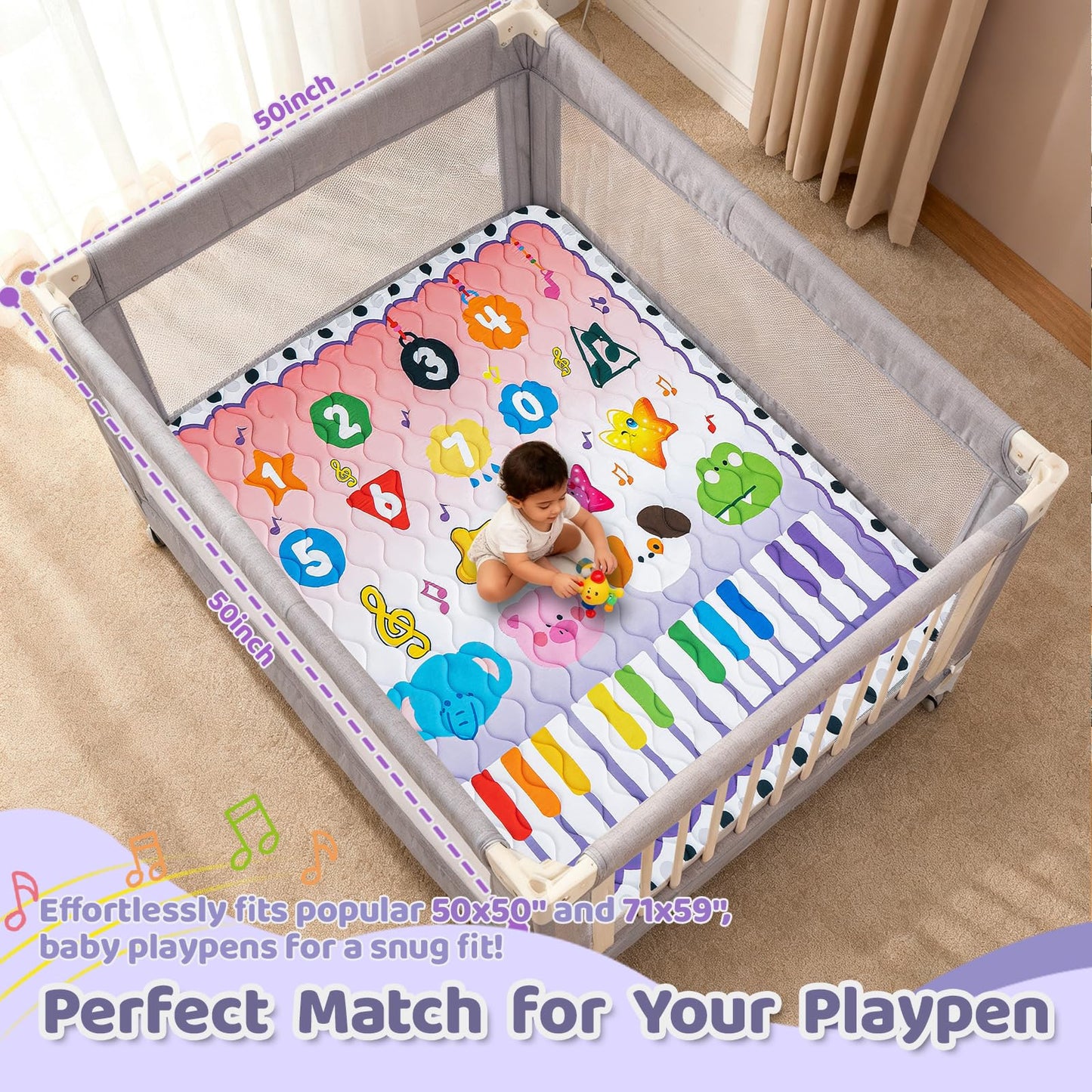 RONGFA Baby Play Mat for Floor, 50'' x 50'' Thicken Foam Soft Padded Mat for Baby, Playpen Mat for Toddlers Infant Kids, Machine Washable, Non-slip Bottom Safe for Crawling (Piano)
