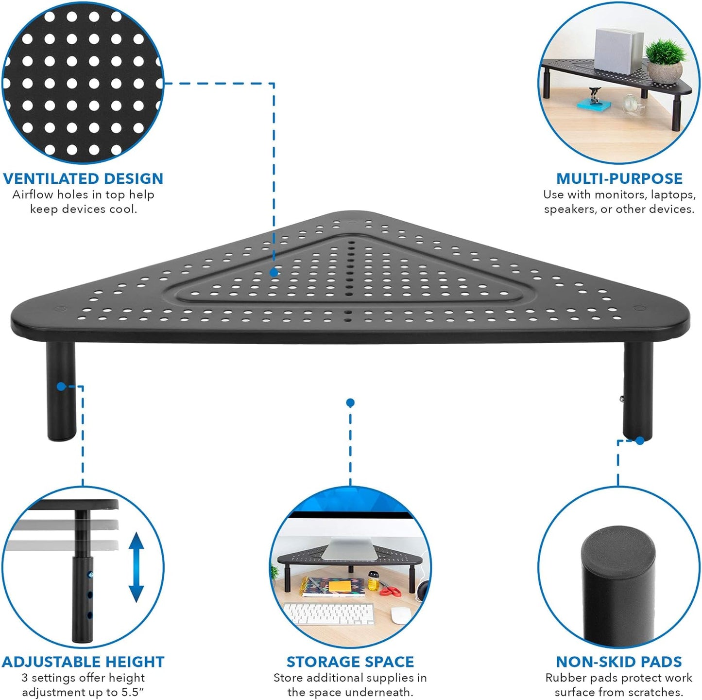 Corner Monitor Stand | Adjustable Height Corner Desk Shelf | Triangle Screen Riser, Ergonomic Space Saving Design