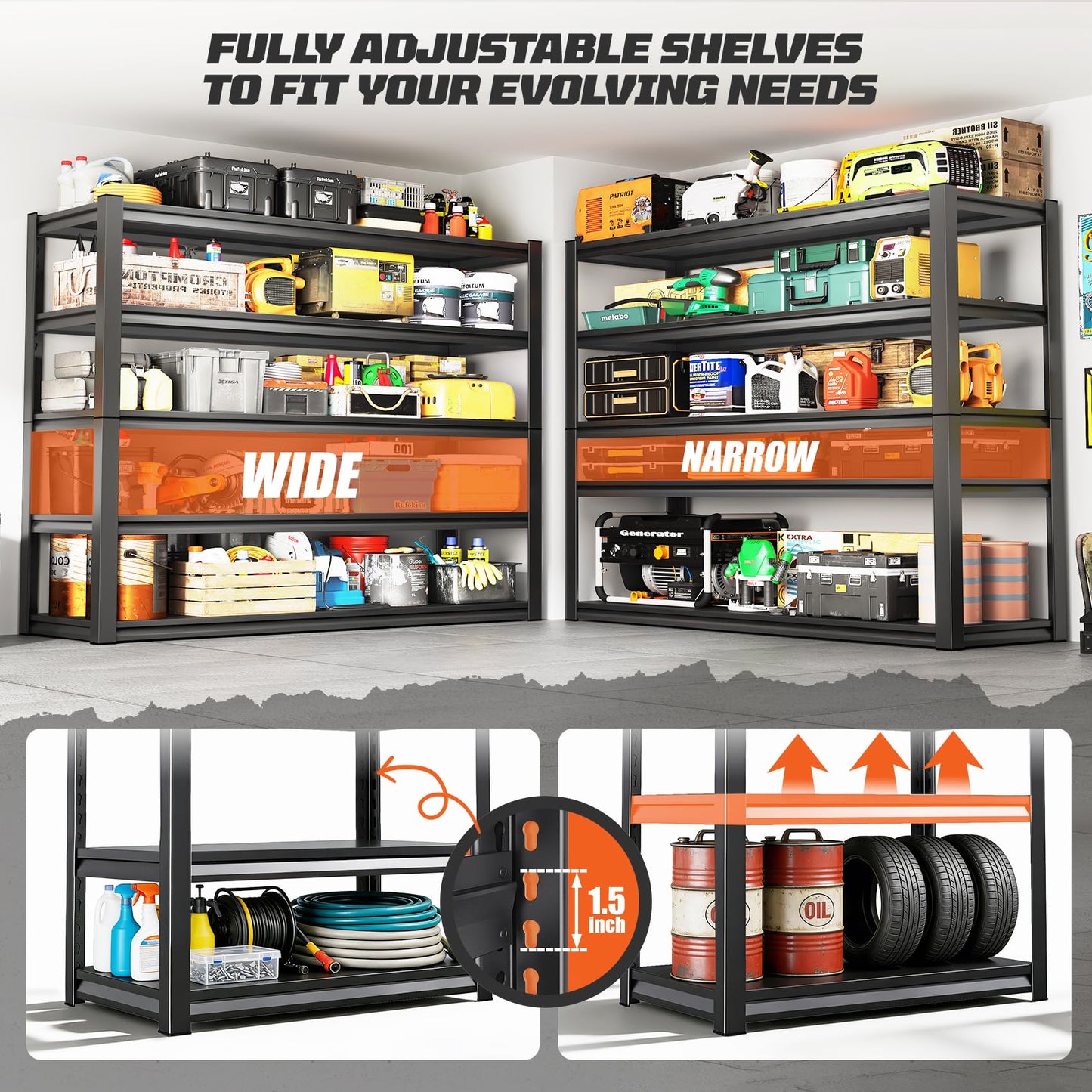 LLIIFFEE Garage Shelving, 5-Tier Garage Storage Shelves, 2000LBS Heavy Duty Shelves, 72" H x 59" W x 19.6" D Metal Shelving Unit, Utility Adjustable Storage Shelf for Warehouse, Basement, Closet
