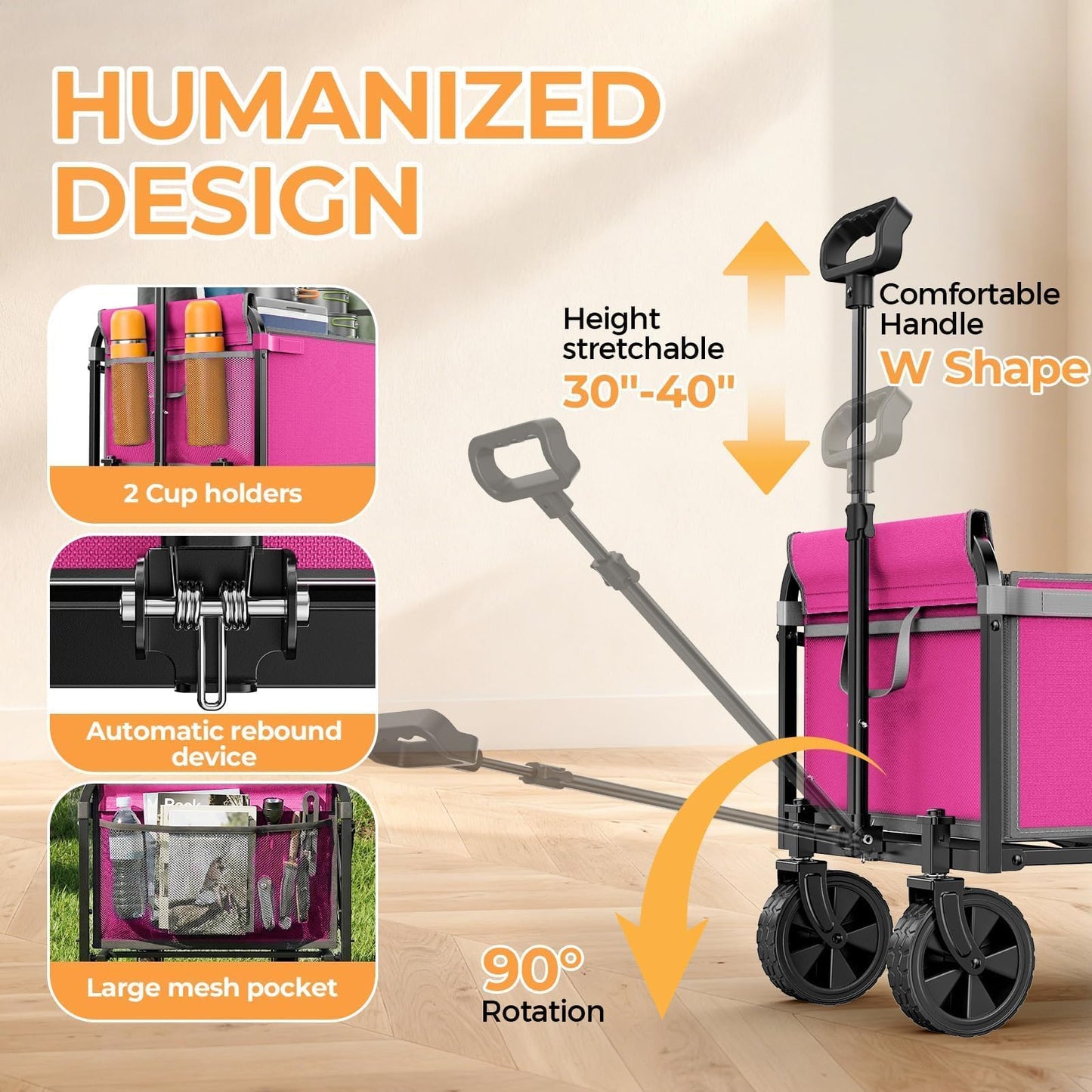 Holacamking Portable Collapsible Wagon Cart, Foldable Cart with Removable Side, Utility Groceries Wagon for Dogs Cats Camping Beach Shopping Sports Gardeing Fishing, Pink