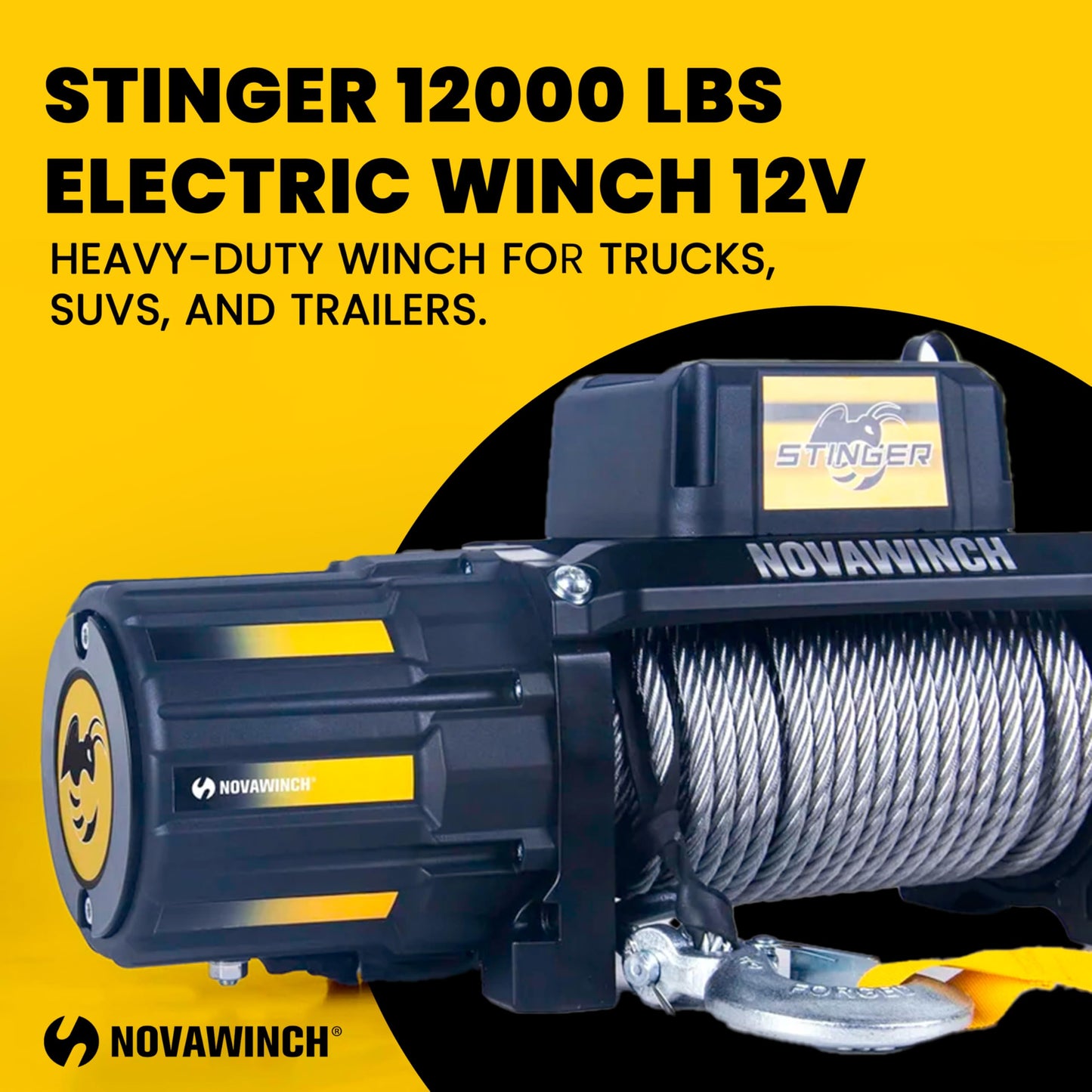 Novawinch Stinger 12000 lbs Electric Winch 12V - 12000 lb Synthetic Rope Motor Winch for Offroad, Truck, SUV, Trailer, Boat, ATV - Heavy Duty Vehicle Recovery System with 85 ft Synthetic Rope & Hook