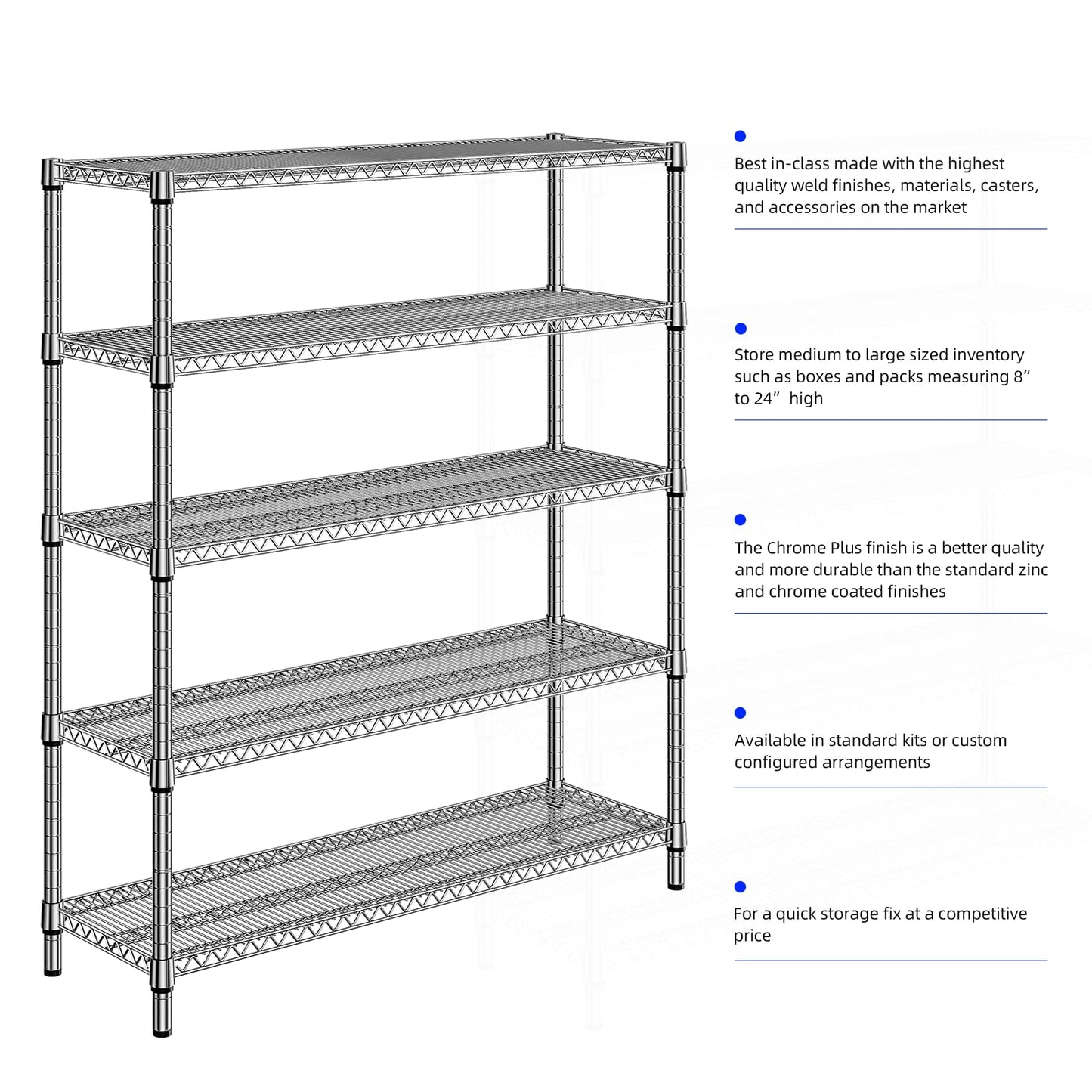 M MZG 3500LBS 59" W 5 Tier Storage Shelves Rack Metal Wire Shelving Unit, Storage Standing Shelf Organizer for Laundry Bathroom Kitchen Pantry Closet Garage, Chrome 17.7" D x 59.1" W x 70.4" H