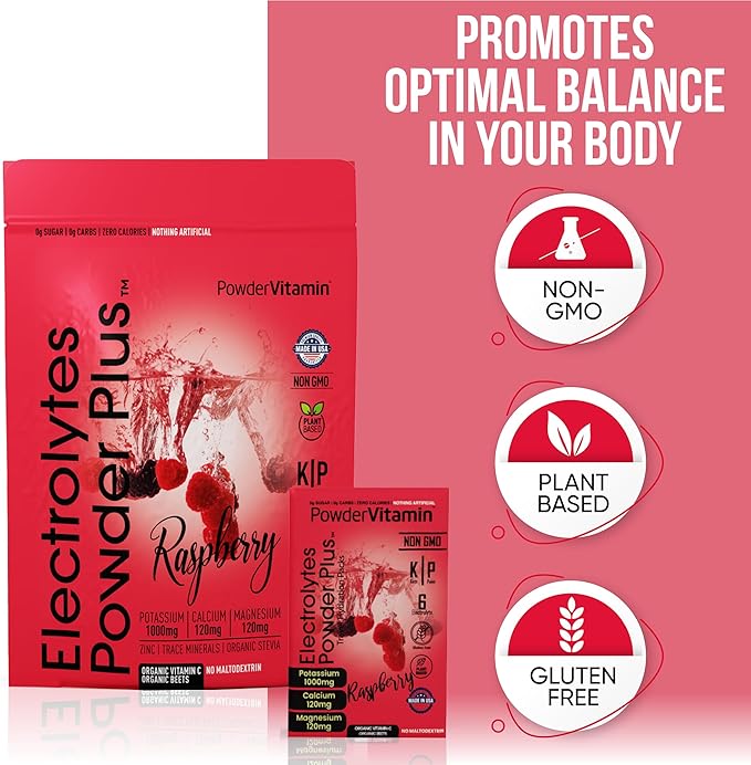 PowerVitamin Electrolytes Powder Packets - Raspberry - Keto Electrolytes for Energy - Hydration Powder with 1000mg Potassium, 120mg Magnesium, Zero Calories - 16 Hydration Packets