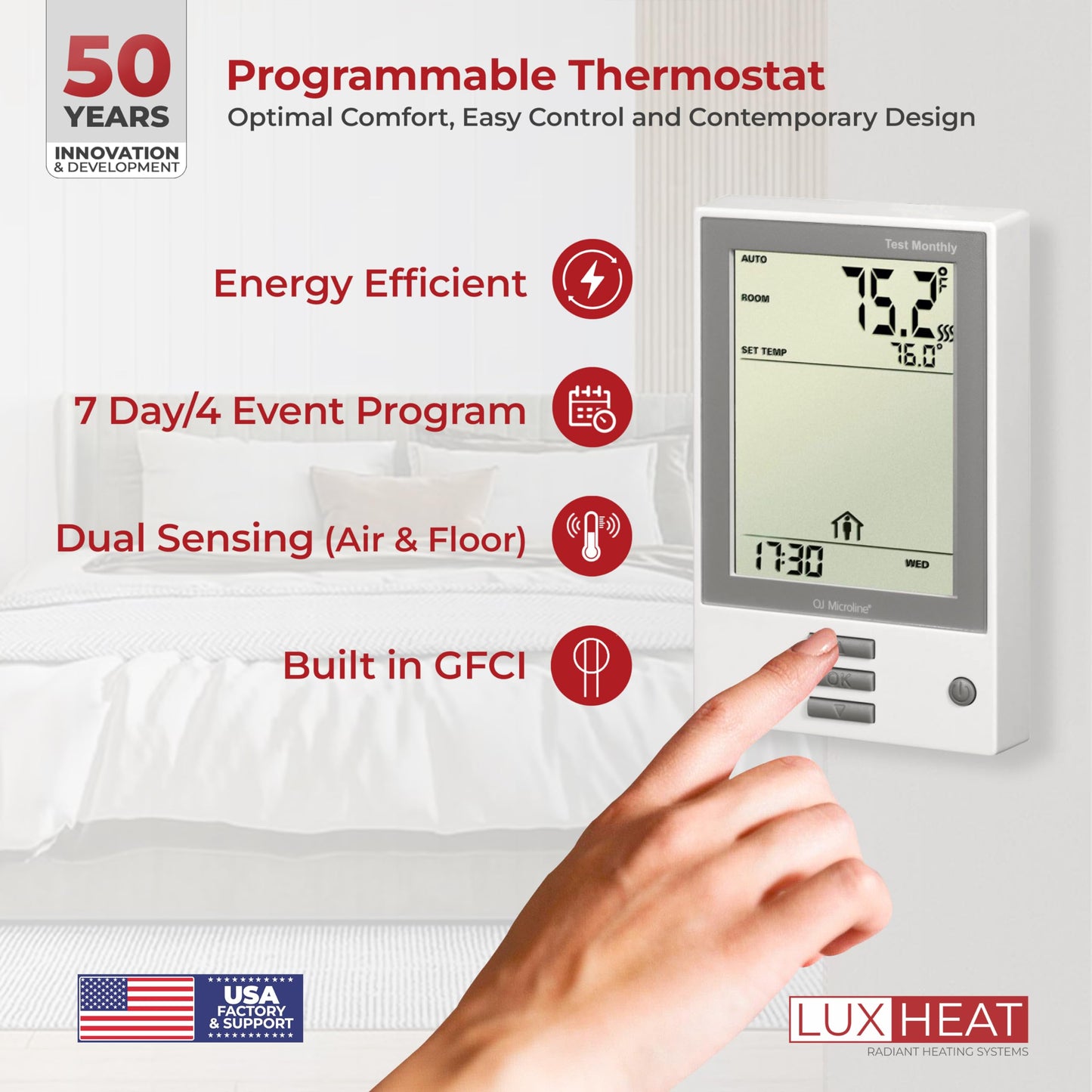 LuxHeat 130sqft Floor Heating Mat Kit – 120v Electric Radiant Heated Flooring System – Heated Flooring Under Tile & Laminate - Includes UDG Programmable Thermostat w/GFCI, Alarm & Sensor