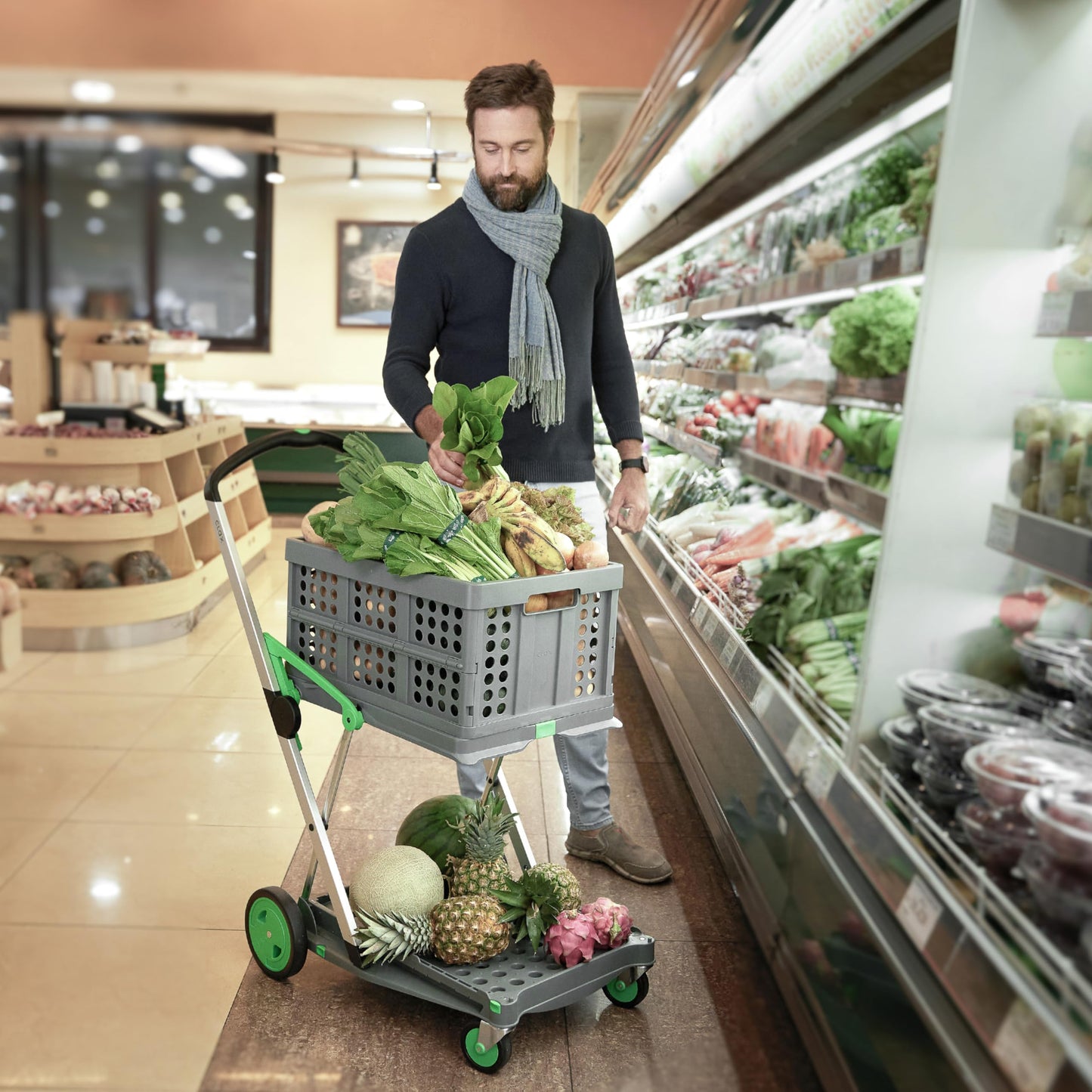 CLAX® The Original | Made in Germany | Multi Use Functional Collapsible Carts | Mobile Folding Trolley | Storage Cart Wagon | Shopping Cart with 2 Storage Crates (Green)