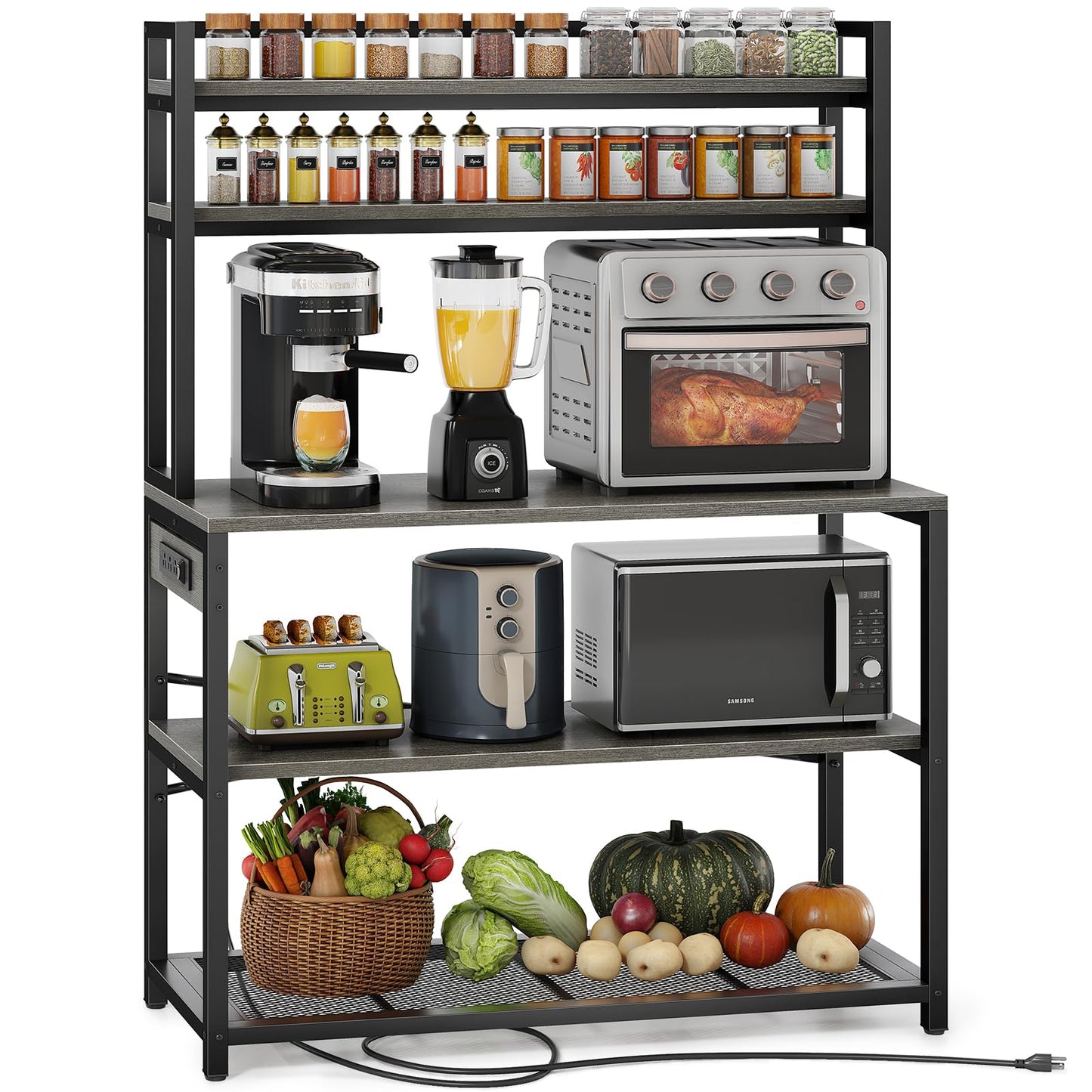 Denkee Large Bakers Rack with Power Outlets, 38 Inch Microwave Stand with Storage, 5-Tier Coffee Bar Stand, Industrial Kitchen Shelf Rack, Grey